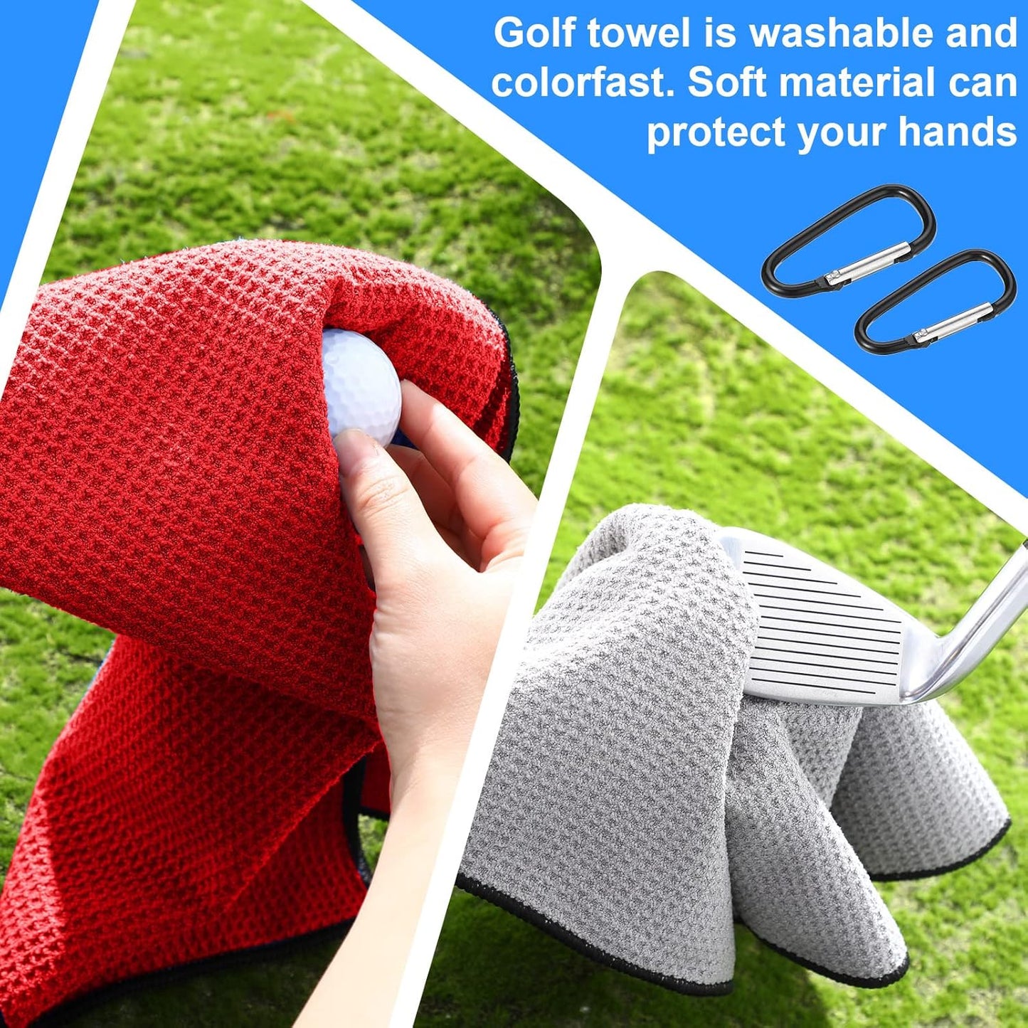 Batiyeer 12 Pcs Golf Towel Bulk for Golf Bags 16'' x 16'' Microfiber Fabric Towel with Clip Waffle Pattern, Fitness, Camping, Hiking, Yoga