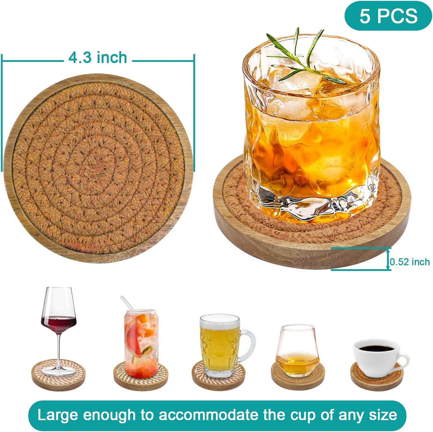 5 Pack Coasters for Drinks Absorbent, 4.3 inches Cork Coasters for Coffee Tables, Wooden Drink Coasters for Table Protection, Cute Coasters for Kitchen, Farmhouse, Bar, and Office (Brown Series)