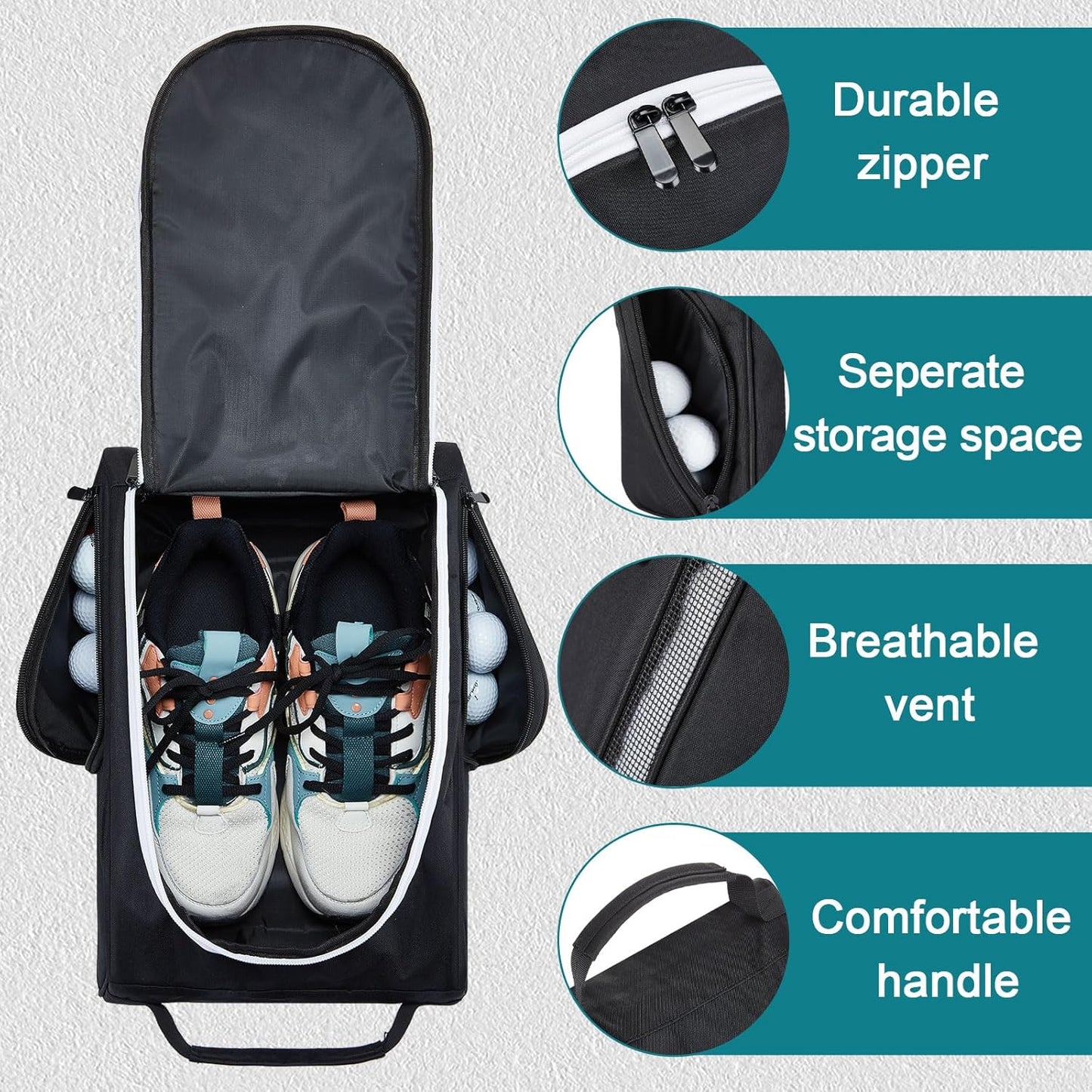 Funtery 2 Pcs Golf Shoe Bag for Travel Zippered Sports Shoe Carrier Tote Bags Golf Accessories with Ventilation Outside Pocket for Balls Tees Socks Accessories Men Women
