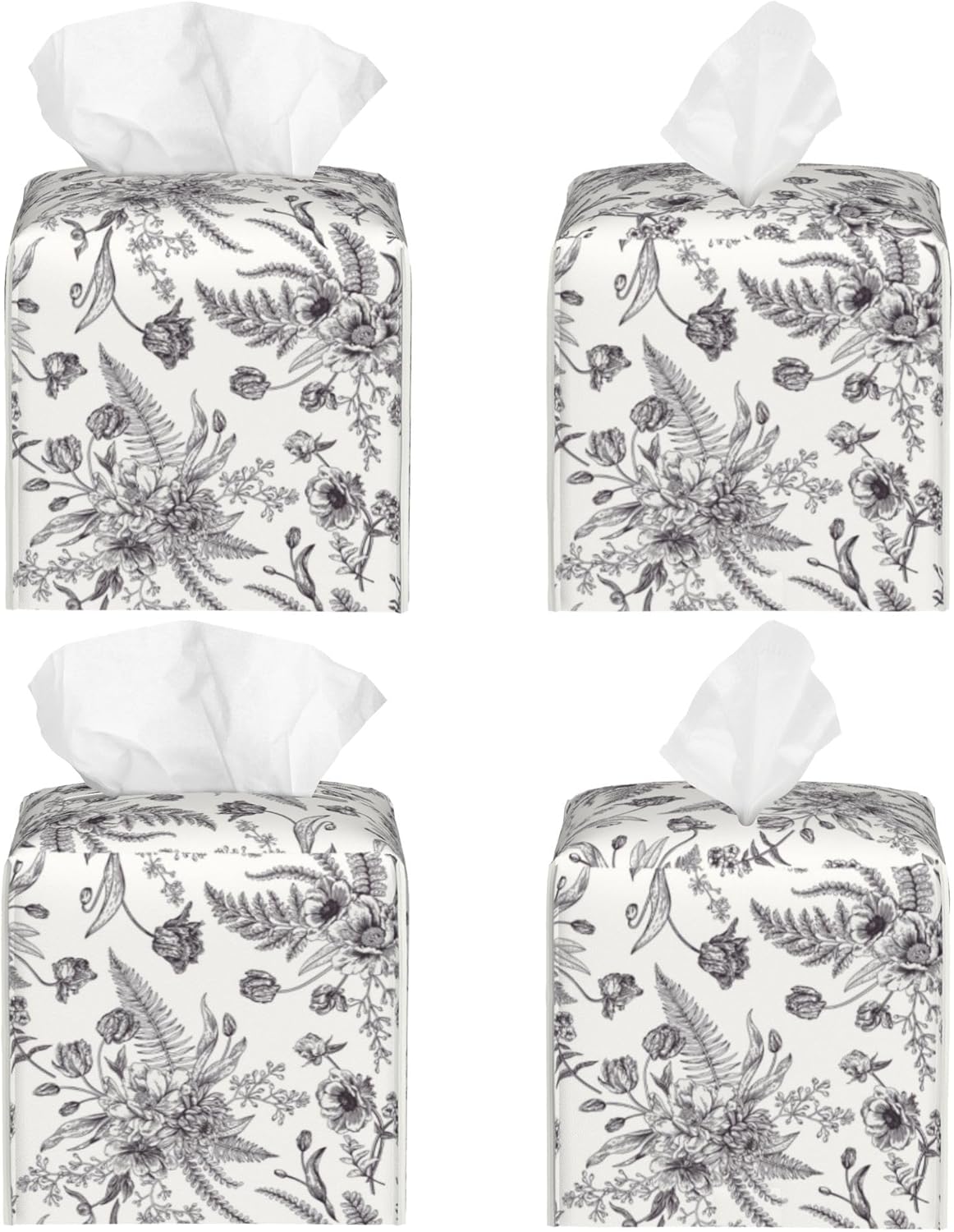 Black and White Flowers Tissue Box Cover Square,Vintage Floral Plant Leaves Tissue Box Holder Waterproof Leather Facial Paper Organizer Dispenser for Bathroom Home Car Nightstand Vanity Desk
