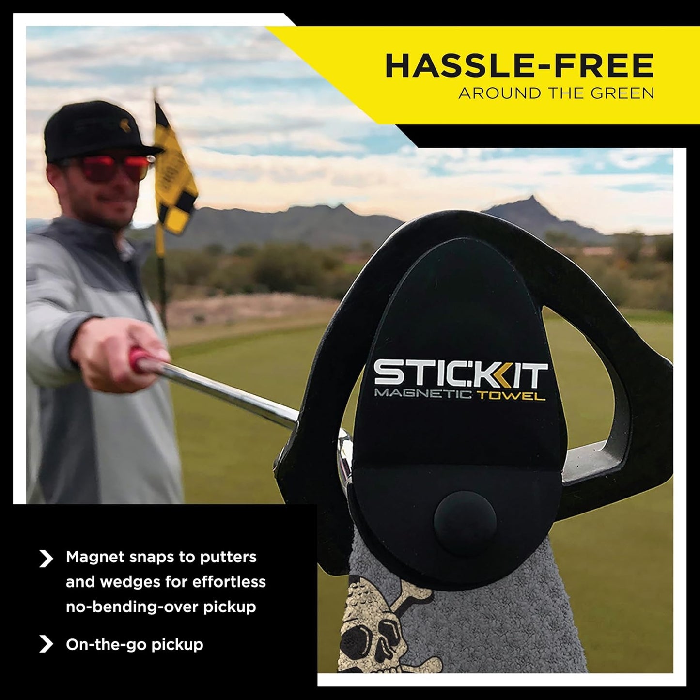 STICKIT The Original Magnetic Golf Towel with Gray Skulls | Top-Tier Microfiber Golf Towel with Deep Waffle Pockets | Industrial Strength Magnet for Strong Hold to Golf Carts or Clubs