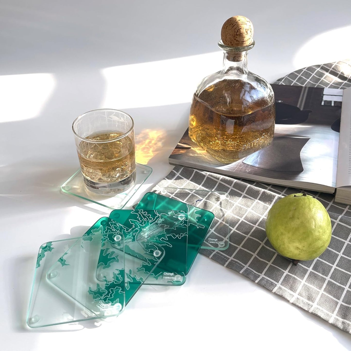 Chongli, HB 3D Contour Map Glass Drink Coasters of Mountains, Ski Resort, Set of 6 with Holder, Housewarming Birthday Gifts, Home Decor