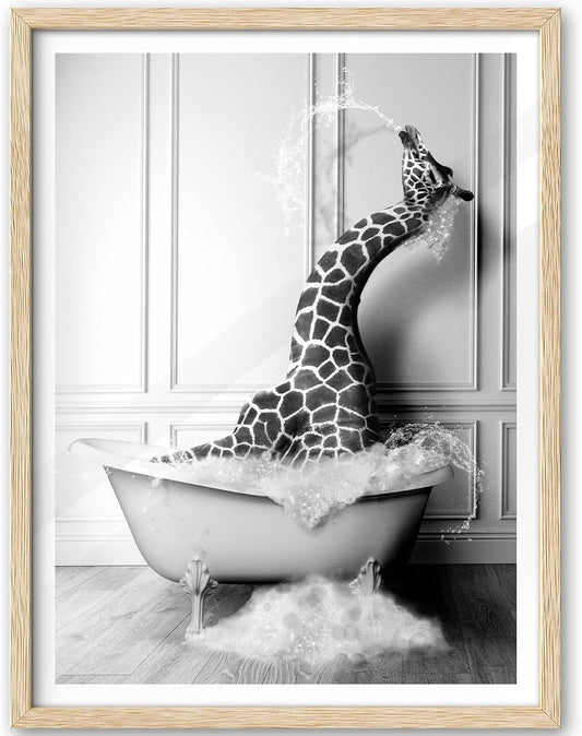 iHery Natural OAK Wood Framed Wall Art, 12x16 in Funny Bathroom Wall Art Decor, Giraffe Bathing Animals Canvas Prints, Black and White Wall Decor Pictures For Bedroom Living Room Set of 1