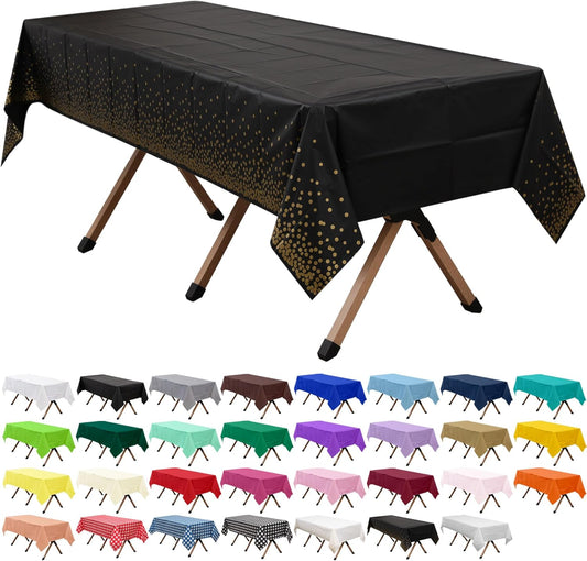 2 Pack Gold Polka Dots Black Premium Plastic Tablecloth Rectangle 54 x 108 Inches Reusable Gold Spot Decorative Black Table Cover for Dining, Wedding, Party, Indoor and Outdoor use