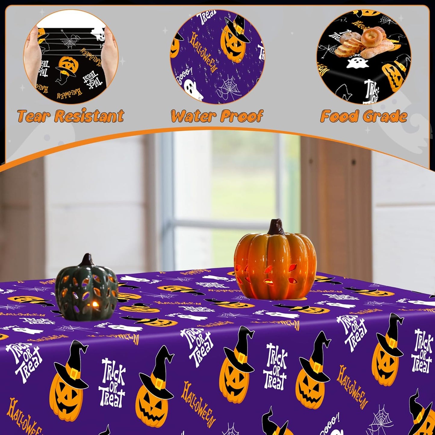 QZYL 4 Pack Halloween Coloring Tablecloth, 54" x 108" Pumpkin Decorations, Purple Disposable Table Cloth Black Plastic Tablecover, Halloween Party Decor Supplies Indoor Outdoor