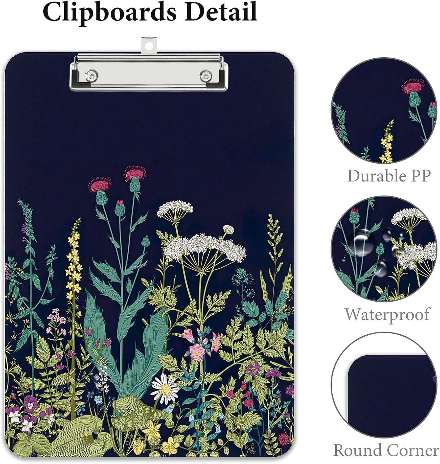 Rimilak Plastic Clipboards with Metal Clip, A4 Letter Size 9 x 12.5 in, Office Decorative for Students Women Men and Kids, Cute Custom Pattern, Night Flower