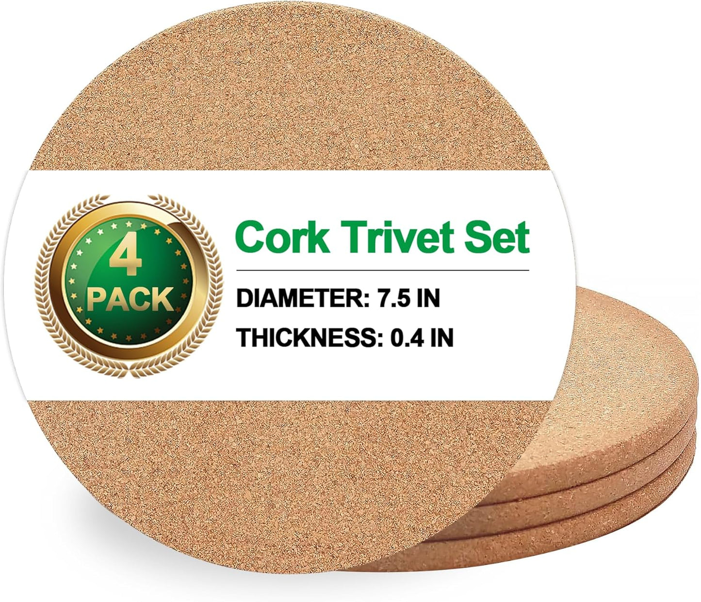 Cork Trivet, 4 Pack High Density Thick Cork Coasters Set for Hot Dishes, 7.5 Inch Heat Resistant Multifunctional, Hot Pads for Kitchen, Table, Countertops