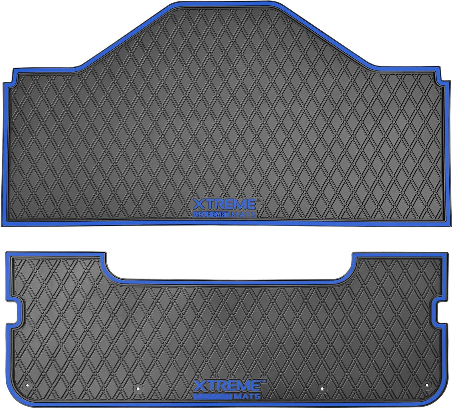 Evolution D5 Golf Cart Floor Mat Set- Rubber Double Diamond Design - Fits D5 2+2 (2 Forward + 2 Rear Facing) Including Evolution Maverick and Ranger Trims (Blue Trim, D5 2+2 Front & Rear Facing)