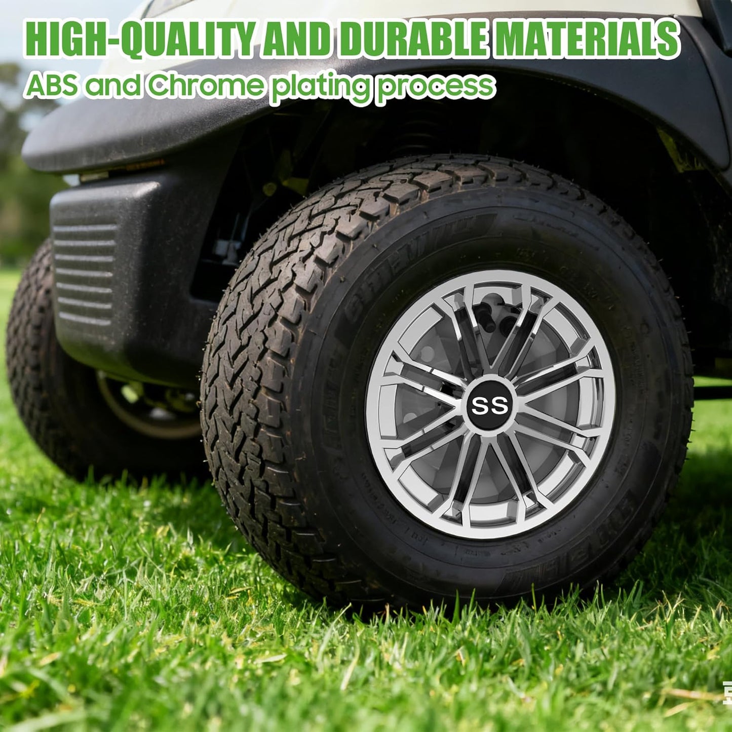 10L0L Golf Cart SS Wheel Covers Hub Caps for EZGO, Club Car, Yamaha - 8 Inch Snap-on Installation, New Chrome, Set of 4