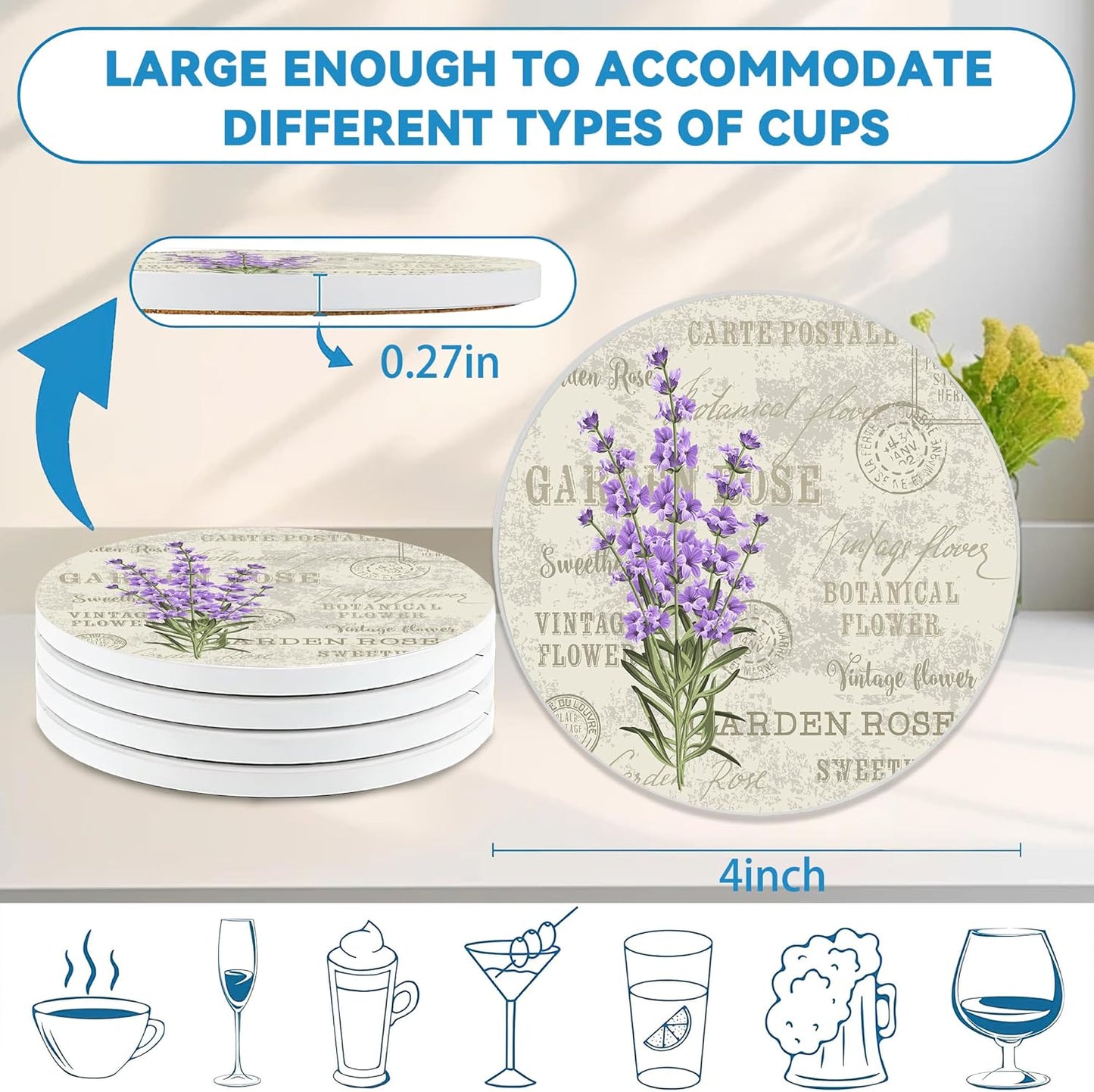 Vintage Lavender Flowers Round 4" Cup Coasters Set of 4, Absorbent Ceramic Stone Coasters with Cork Base, Ideal Home Decor Gifts for Women Men