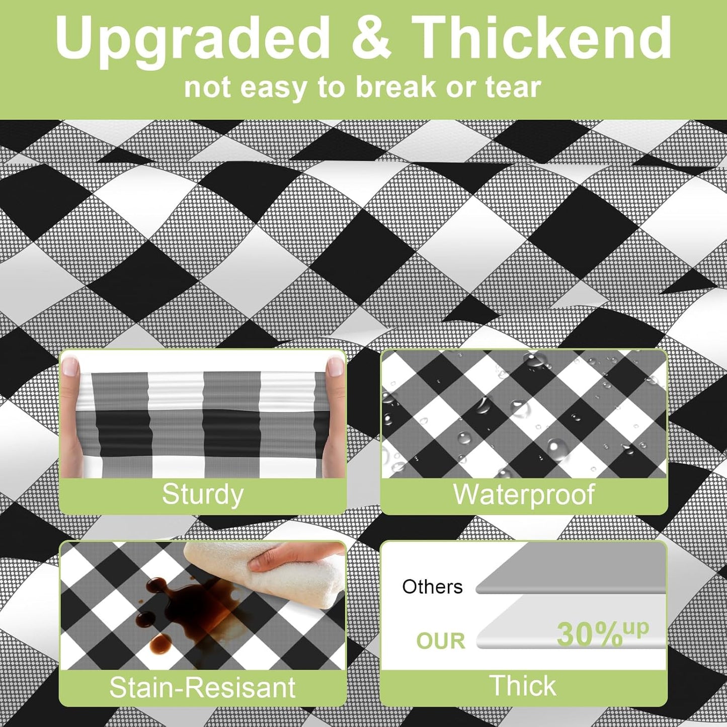 QIKSION Black Gingham Tablecloth Disposable 3 Pack, 54 x 108 Inch Black and White Checkered Table Cloth for Rectangle Tables, Plastic Table Cover