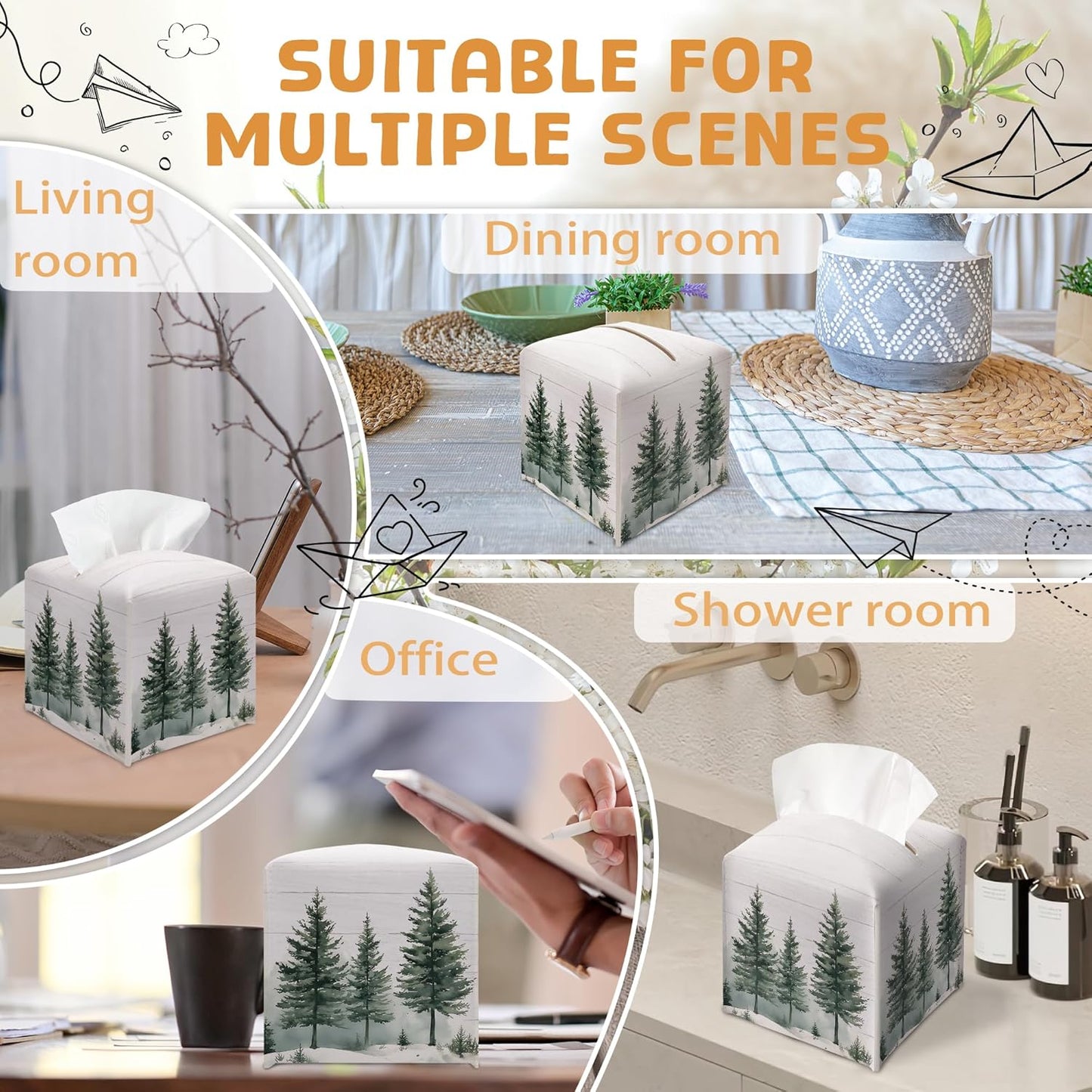 Winter Pine Tree Tissue Box Holder, Christmas Tree Leather Tissue Box Cover Square with Bottom Belt, Paper Facial Decorative Tissues Cover for Night Stands Bathroom Kitchen Office Home Decor-B21