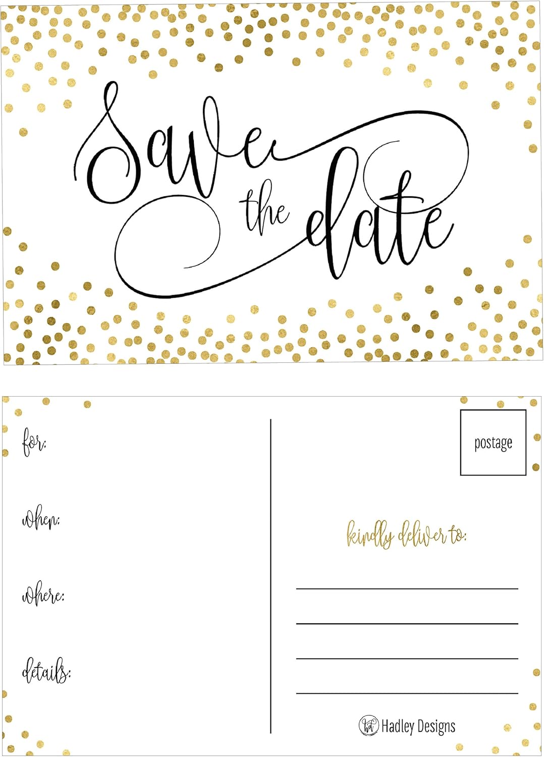 Hadley Designs 25 Elegant Gold Dots Save The Date Postcards For Wedding, Engagement, Anniversary, Baby Shower, Birthday Party Invitations Simple Black and White Blank Event Announcements