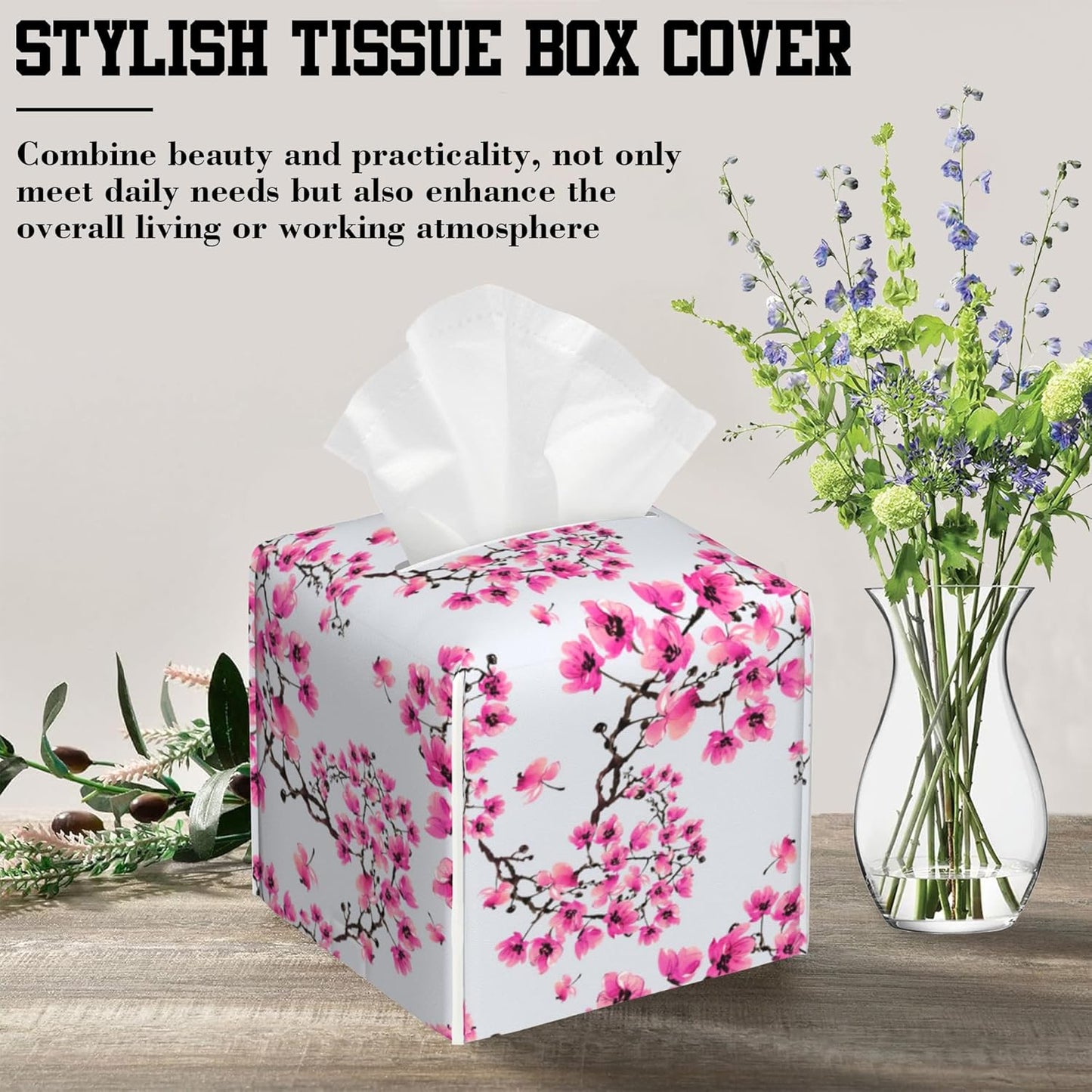 Cherry Blossom Flowers Tissue Box Cover Square, Tissue Box Holder Leather Facial Paper Case Decorative Organizer Holder Dispenser Home Office Car Decor
