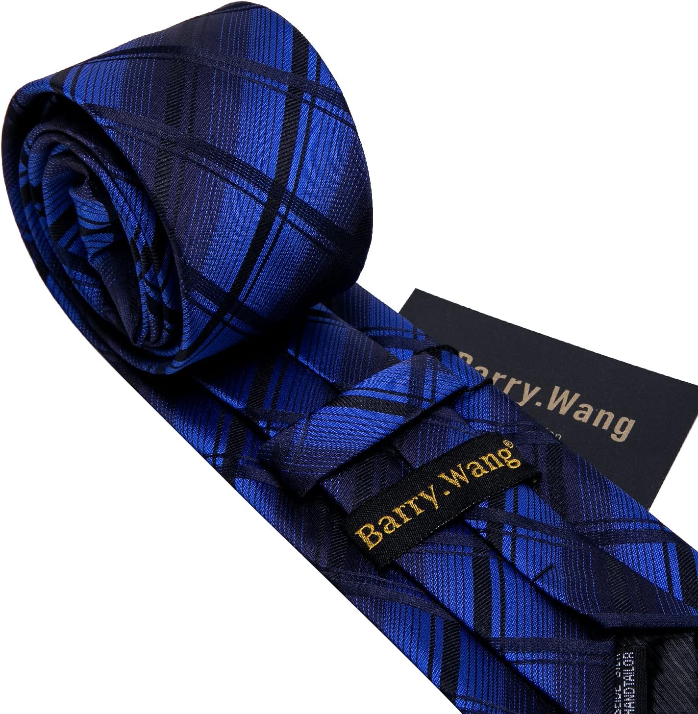 Barry.Wang Designer Classic Ties for Men Set Formal Pocket Square Cufflink Check Plaid
