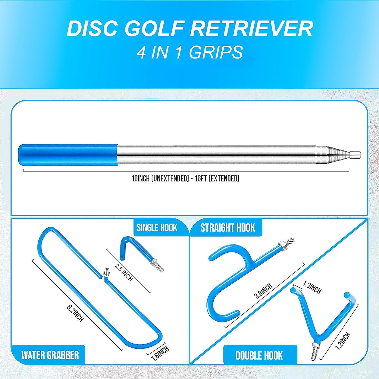 4 in 1 Extendable 16FT Telescopic Pole - Disc Golf Retriever with Strong Stainless Steel Frame with 4 Hooks & Carry Bag - Disc Golf Retriever Pole Retrieving Discs from Water Tree & Bushes