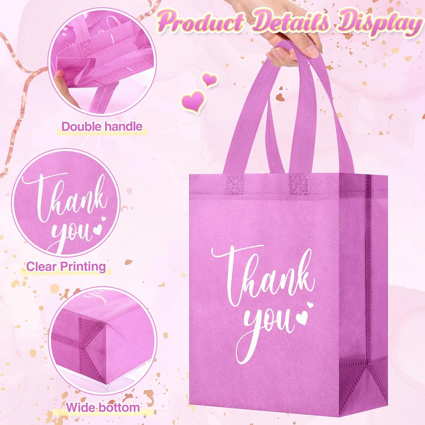 Sweetude 30 Pcs Thank You Gift Bags with Handles Bulk Reusable Goodie Bag Non Woven Foldable Handbag for Graduation Wedding Bridesmaid Gifts (10 x 8 x 4 Inch,Pink)