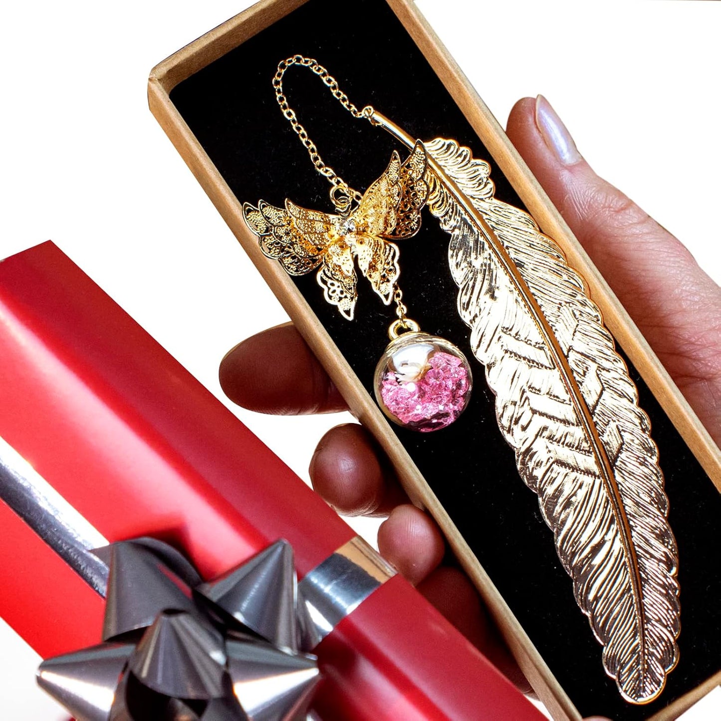 Toirxarn Metal Feather Bookmark with Butterfly Charm – Christmas Gifts for Women, Mom, Teachers, Book Lovers – Stocking Stuffers, Secret Santa, Birthday & Holiday Gift Box