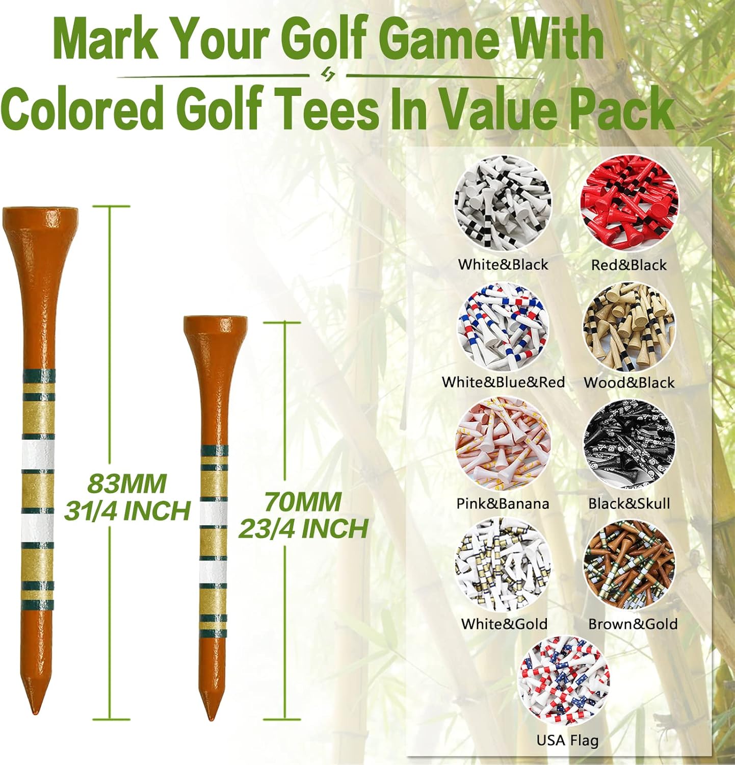 FINGER TEN Golf Tees Wood 3 1/4 2 3/4 Inch Wooden Bamboo 50/120 Count, Durable Biodegradable Colored Bulk Tee 70mm 83mm