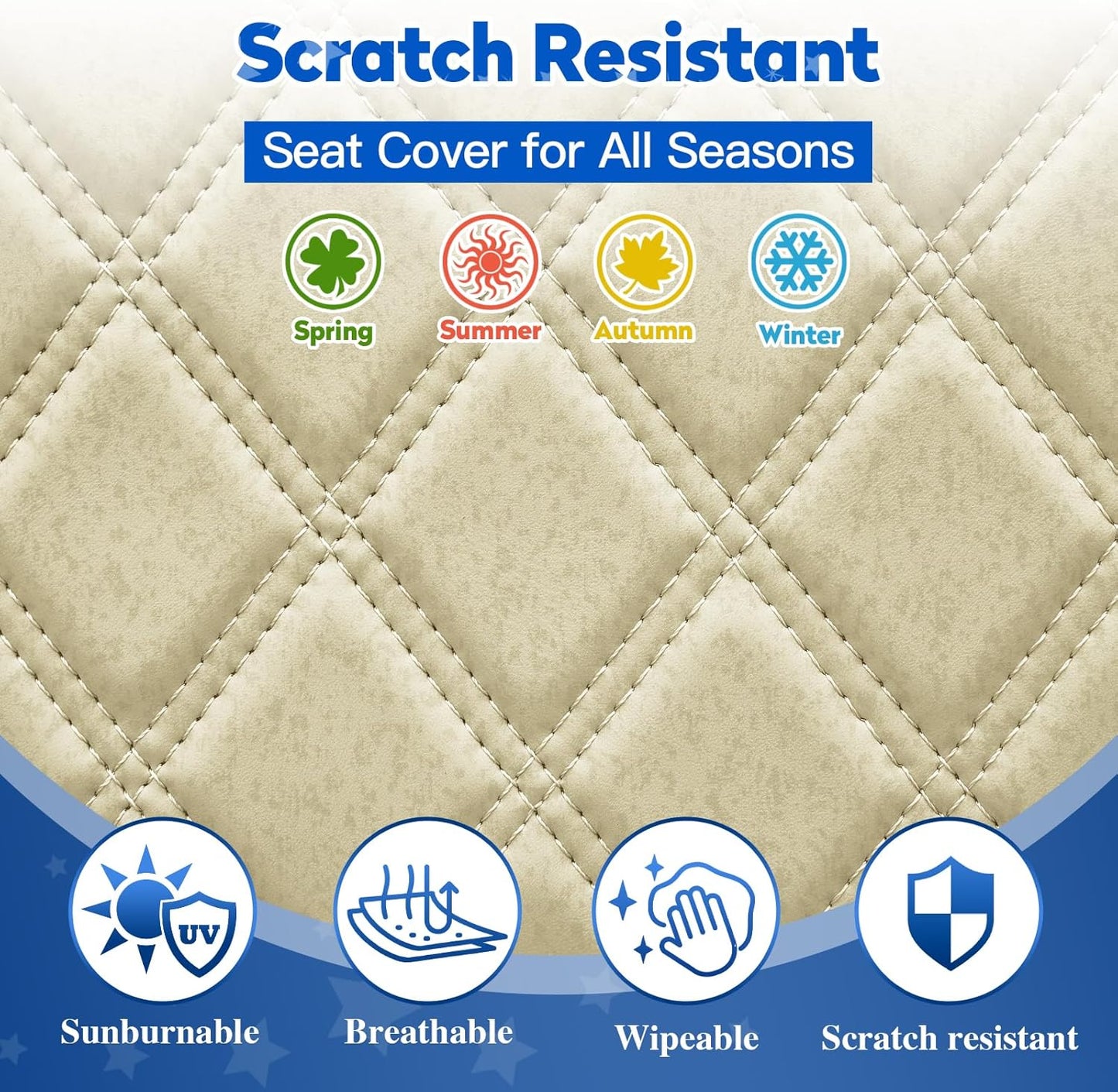 NOKINS 4PCS Golf Cart Seat Covers Kit, Front and Rear Seat Covers Fits Club Car Precedent Standard Seat Cushion, Club Car Vinyl Diamond Seat Covers Accessories, No Staples (Buff)