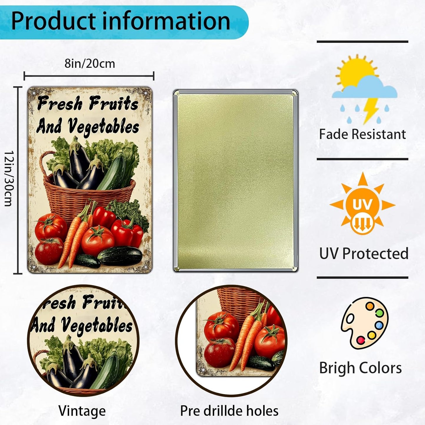 Fresh Fruits and Vegetables Tin Sign Funny Vegetables Farm Plaque Retro Home Kitchen Wall Decor 8x12 Inch