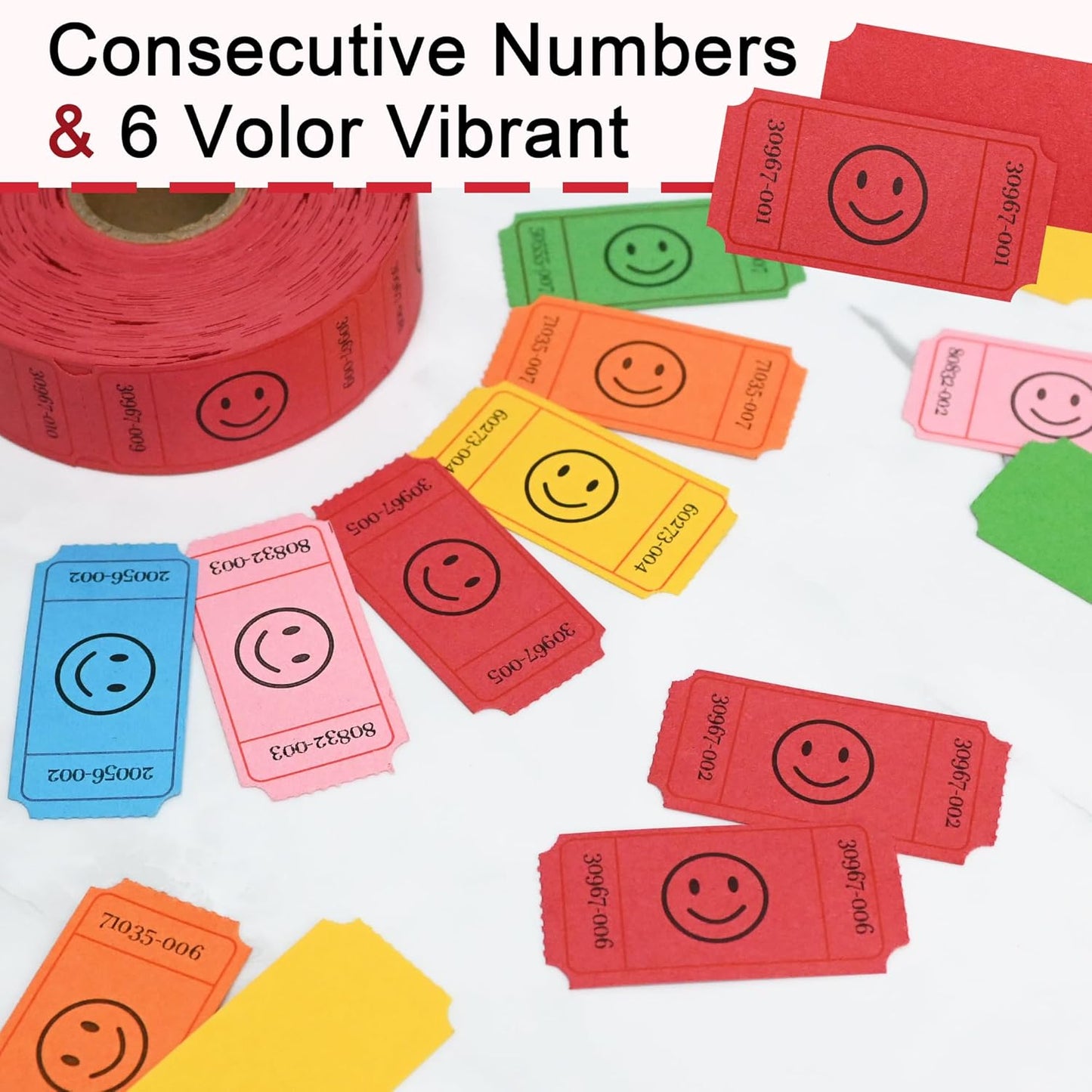 L LIKED 500 Raffle Tickets, Smile, Red (6 Color Selection), Single Roll, Ticket for Events, Entry, Class Reward, Raffle & Prizes