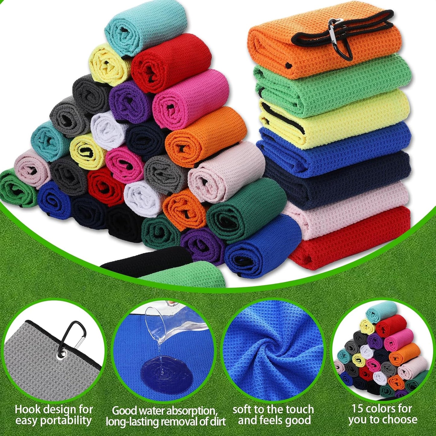 Batiyeer Golf Towels Bulk for Bags 16'' x 24'' Microfiber Waffle Pattern Golf Towels Trifold with Clip for Hiking,Tournament, Yoga