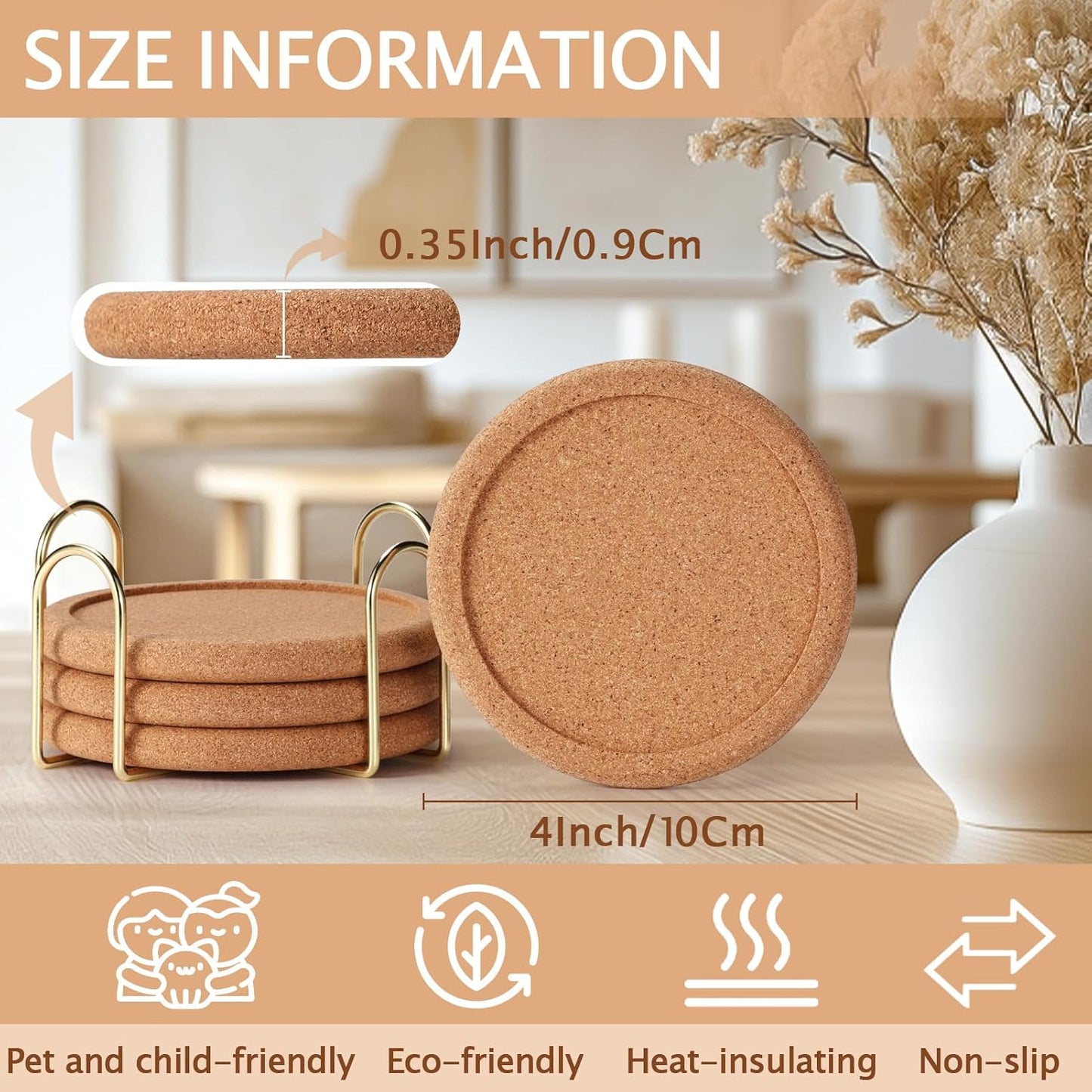 Cork Coasters for Drinks with Metal Holder, GOH DODD Absorbent Blank Coasters Tabletop Protection Home Decor for Housewarming Gifts Wedding Laser Engraving Wood Burning, Set of 4, Round, 4 Inch