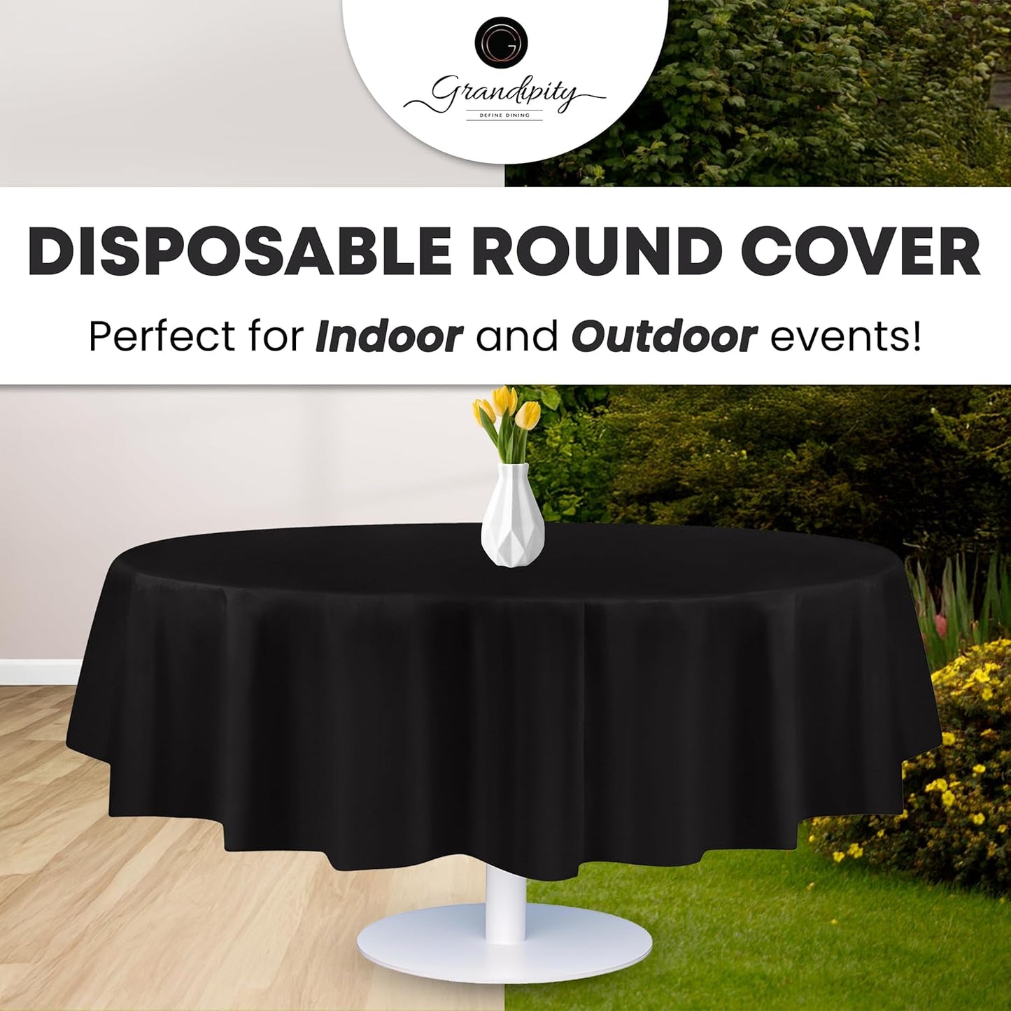 Grandipity 12 Pack Premium Disposable Plastic Tablecloth 84" Inch Decorative Round Table Cover - Black