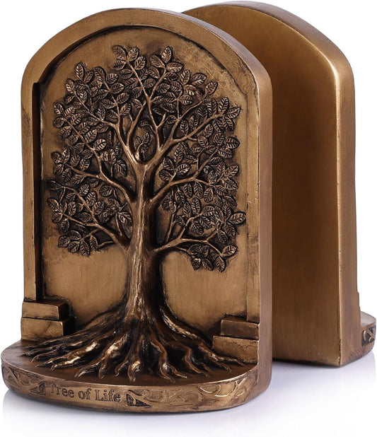 Large Vintage Bronze Finish Tree of Life Bookends Set, 2 Non-Skid Heavy Bookends for Shelves or Bookcase, Decorative Bookends for Desktop Shelf Decor, Library Office Decor, Home Décor Gift
