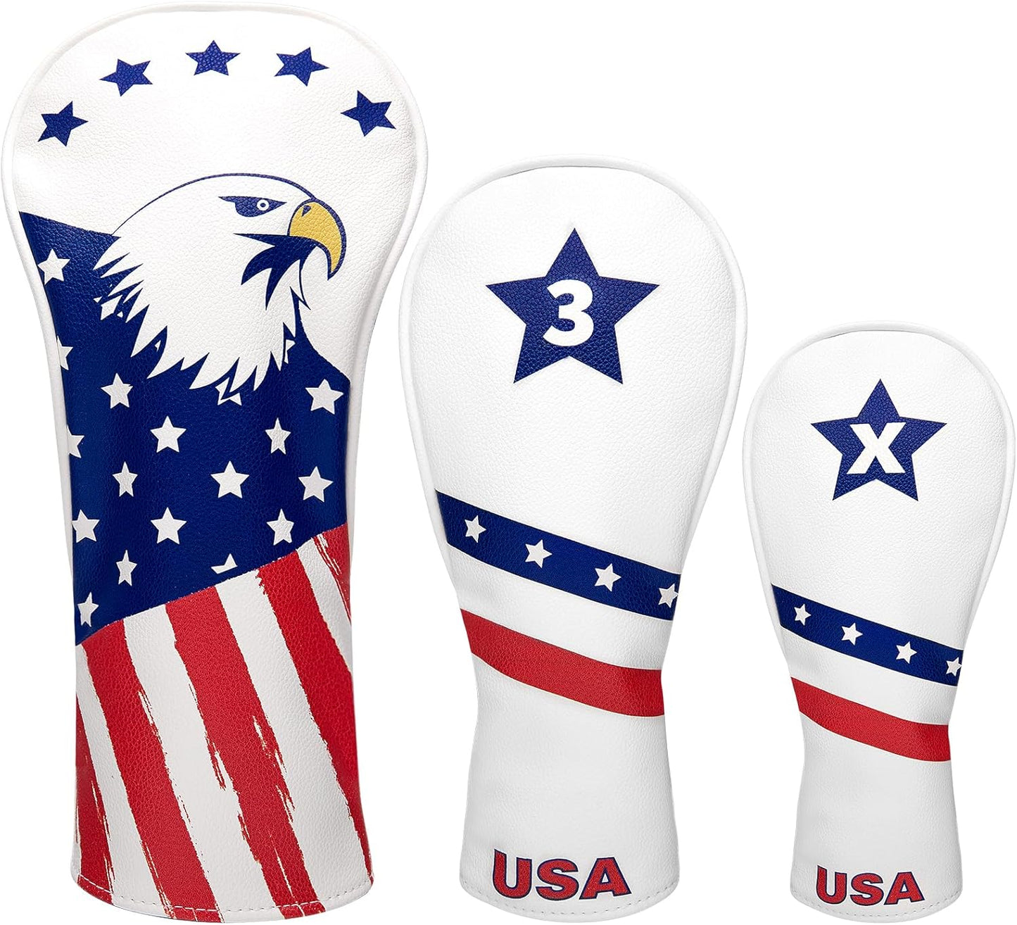 Golf Head Covers, 3 Pack Golf Club Head Covers USA Stars and Stripes, Velour Lined for Extra Club Protection, Designed to Fit All Woods and Drivers Velour Lined