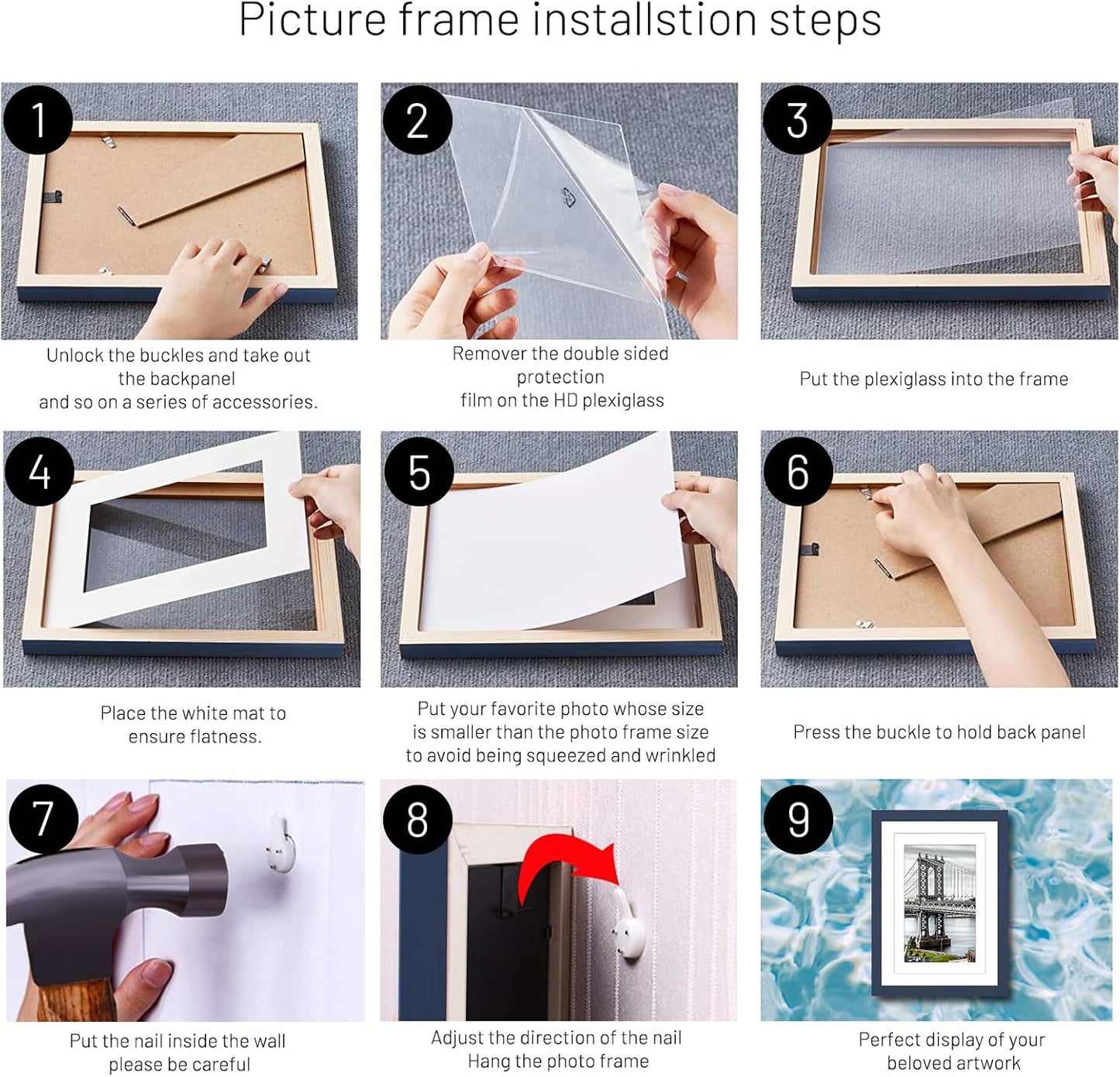 11x14 Picture Frames Solid Wood Display Pictures 9x12 or 8x10 with Mat or 11x14 Frame without Mat Poster Photo Frame Art with 2 Mats for Wall Mounting or Table Top(Jazz Blue)