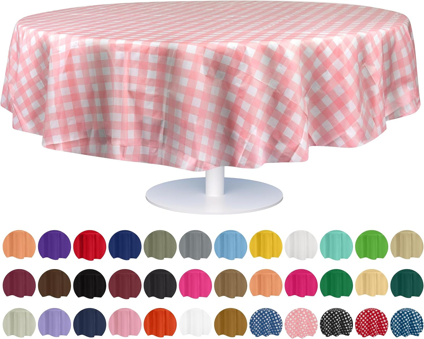 Grandipity 12 Pack Premium Disposable Plastic Tablecloth 84" Inch Decorative Round Table Cover - Pink Checkered Gingham