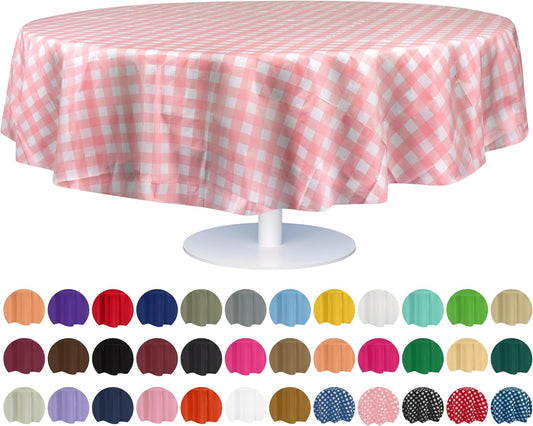 Grandipity 12 Pack Premium Disposable Plastic Tablecloth 84" Inch Decorative Round Table Cover - Pink Checkered Gingham
