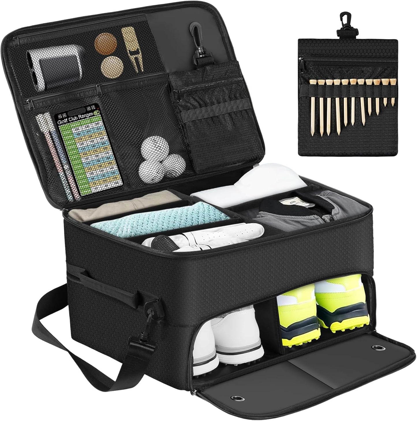 Golf Trunk Organizer for Car SUV with Shoe Compartment & Divider | 2-Layer Golf Storage Bag for Balls, Tees, Accessories | Waterproof Golf Locker Gift for Men, Dad, Golfers