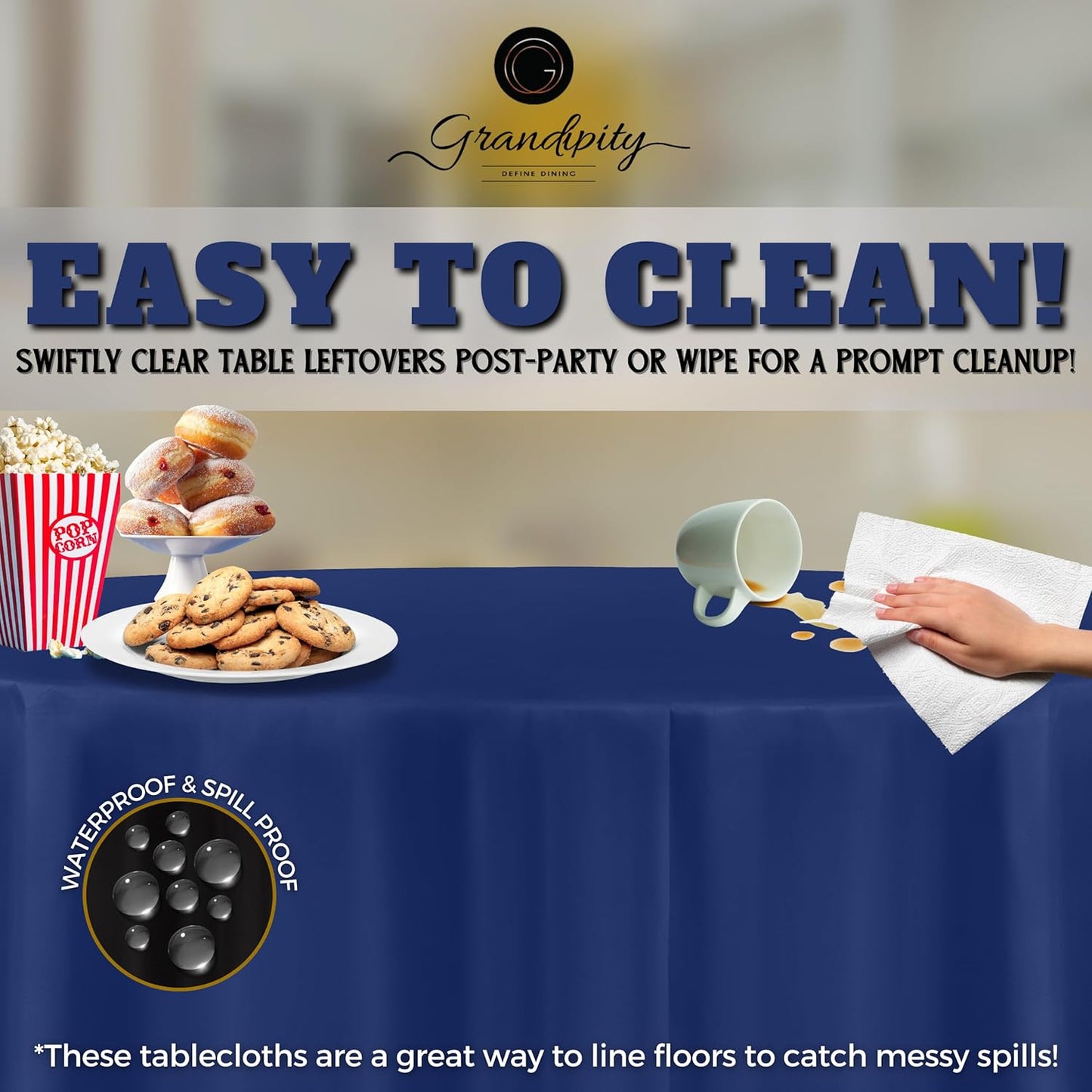 Grandipity 12 Pack Premium Disposable Plastic Tablecloth 84" Inch Decorative Round Table Cover - Navy Blue