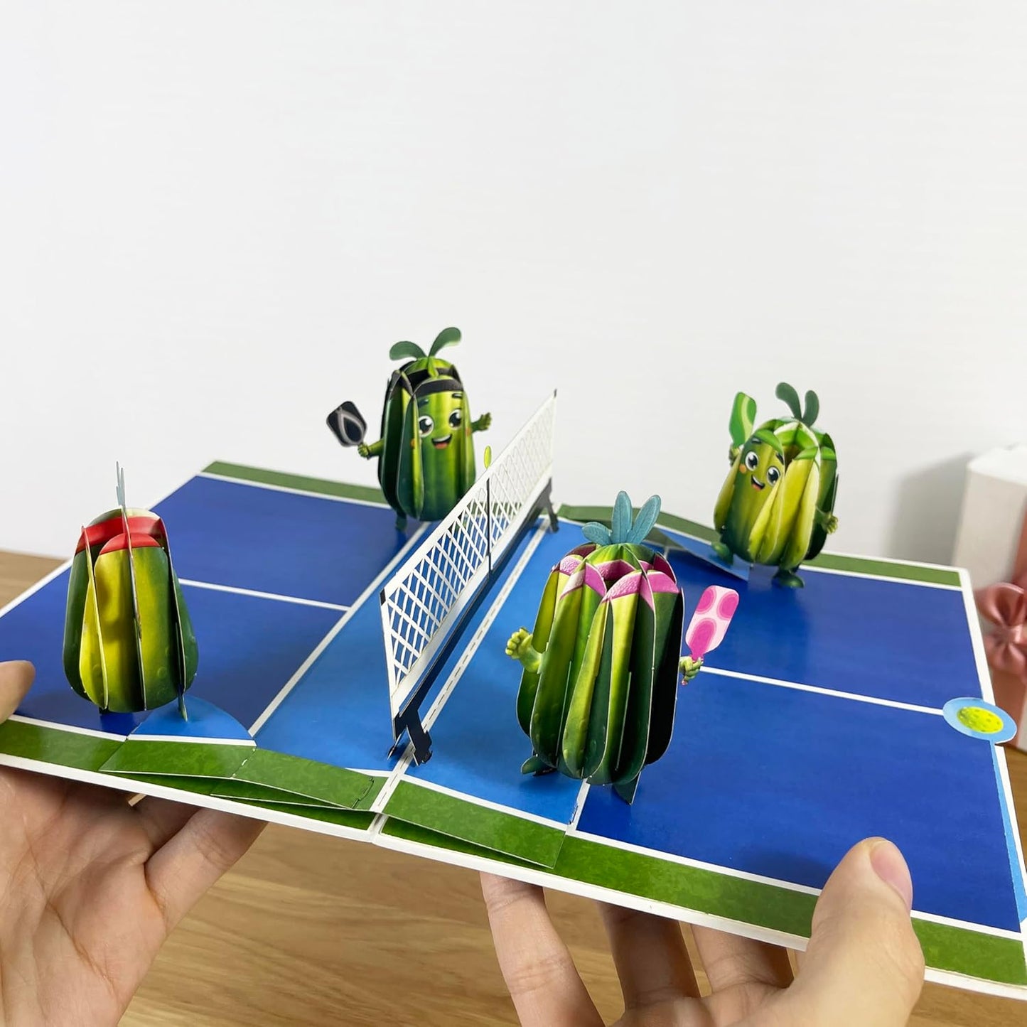 3D Pickleball Popup Card - Funny Handmade Paper Art with Four Pickles Playing for Birthday, Anniversary, Christmas, Father’s Day - Unique Gift for Him, Her, Pickleball Players & Fans
