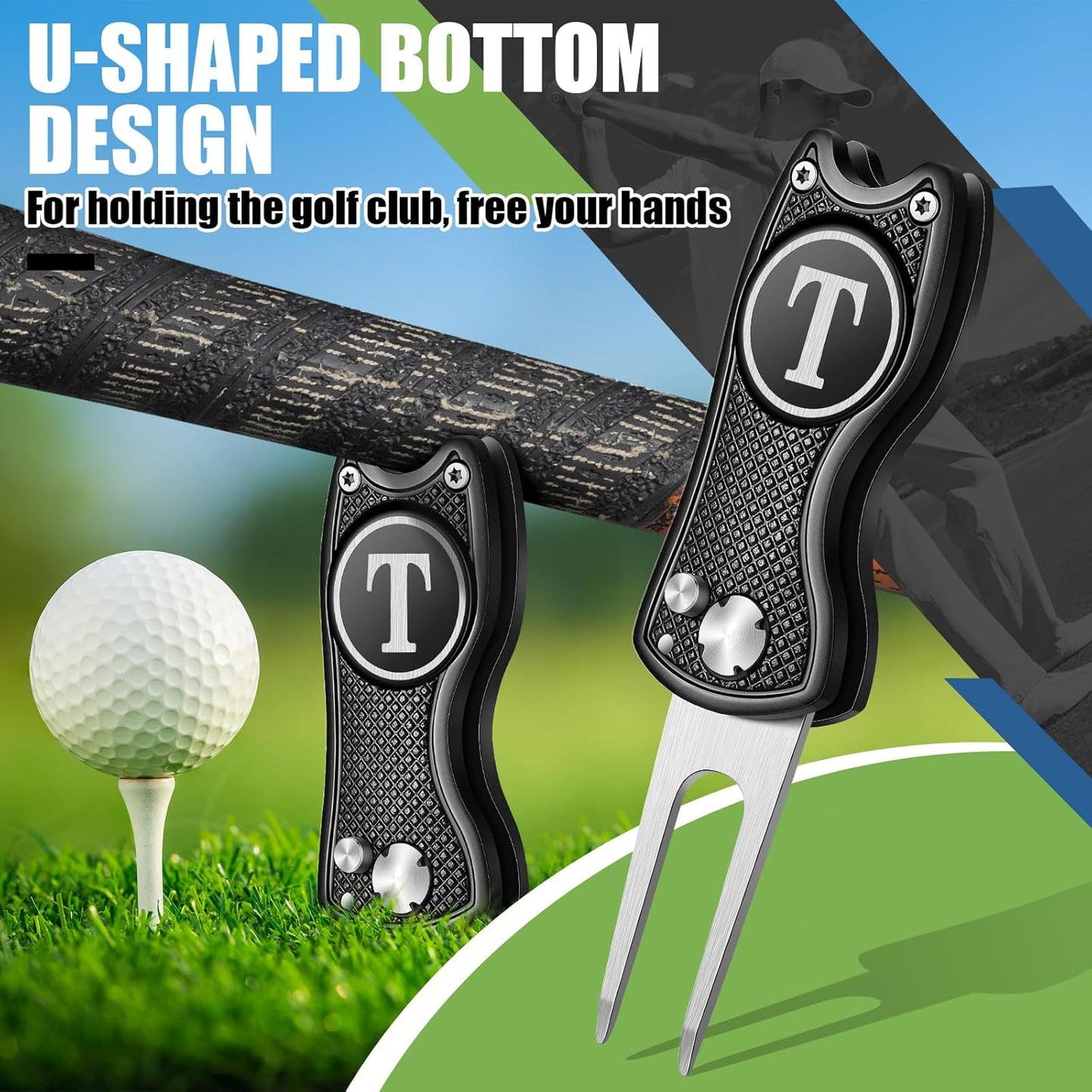 Golf Divot Repair Tool with Letter Custom Monogrammed Initial Ball Marker Divot Tool Foldable Metal with Magnetic Putt Alignment Golf Gifts for Men Father Golfer Christmas