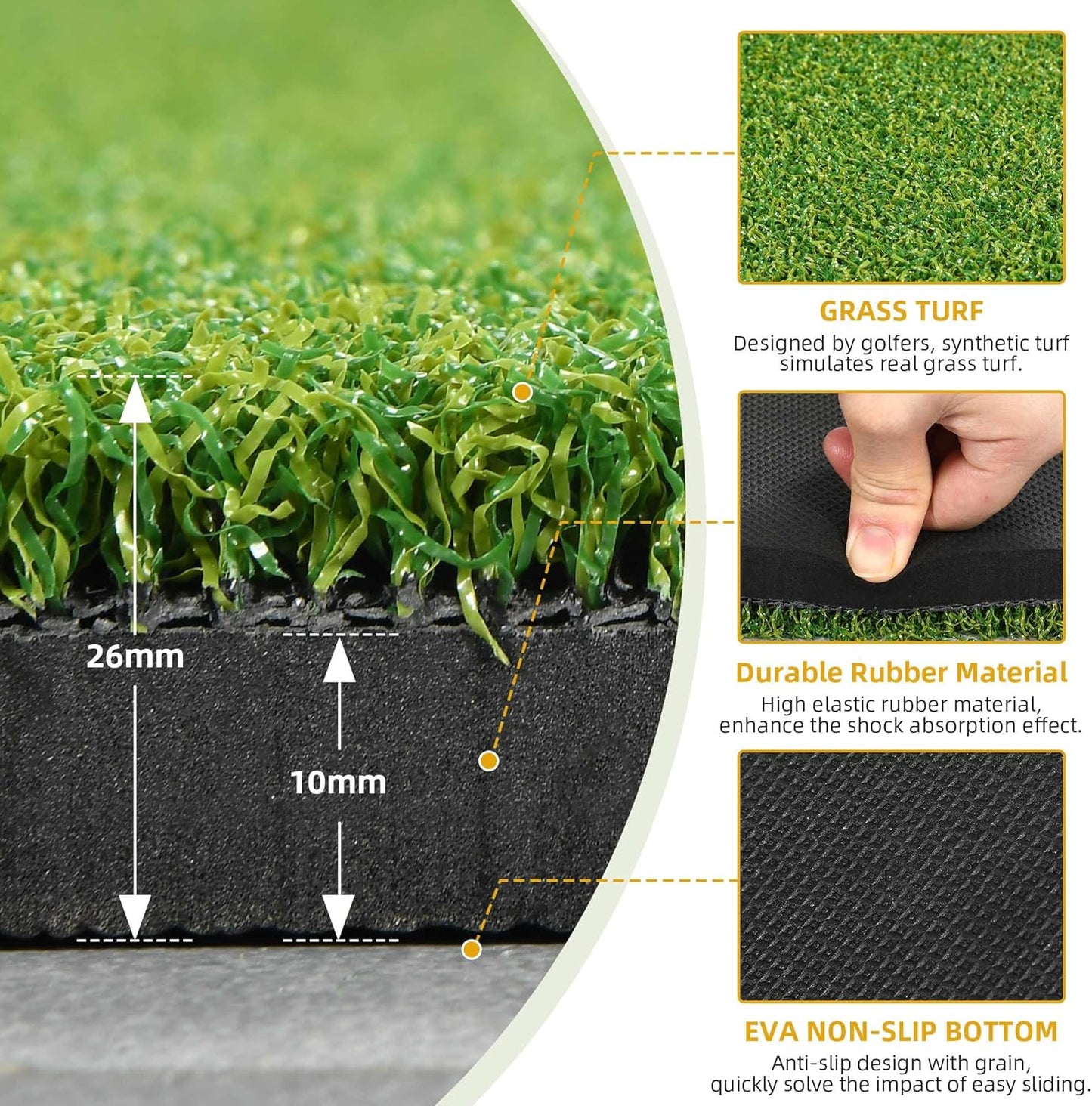 5x4ft Golf Hitting Mat, Thickened 21mm/31mm/36mm Artificial Turf Golf Practice Mats for Indoor Outdoor Backyard Driving Swing Training with 9 PU Balls, 3 Rubber Tees, 7 Tees