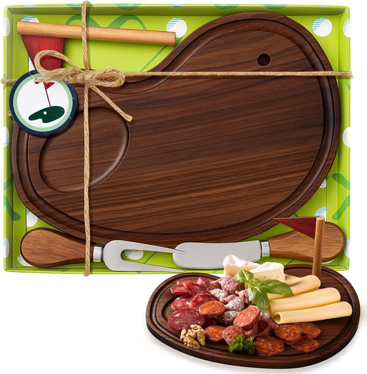 Golf Cheese Board Gift Set Party Favor Prizes Charcuterie Wood Board with Knives and Box Father Day Gift for Dad Grandpa Party Tournament Game(9.8" x 7.7", Walnut Color)