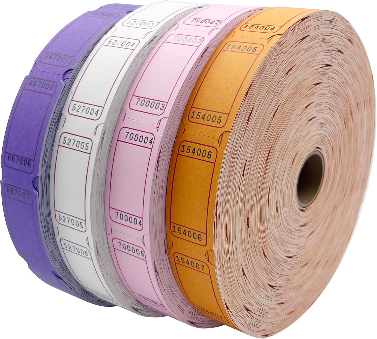DNB 8000 Pcs Raffle Tickets - 4 Color Set of 2000 Pcs 2 x 1 Inch Single Roll Consecutively Numbered Blank Tickets - Purple/Pink/White/Orange