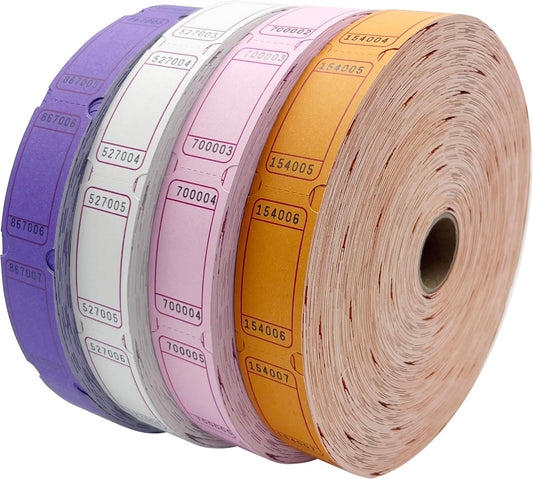 DNB 8000 Pcs Raffle Tickets - 4 Color Set of 2000 Pcs 2 x 1 Inch Single Roll Consecutively Numbered Blank Tickets - Purple/Pink/White/Orange