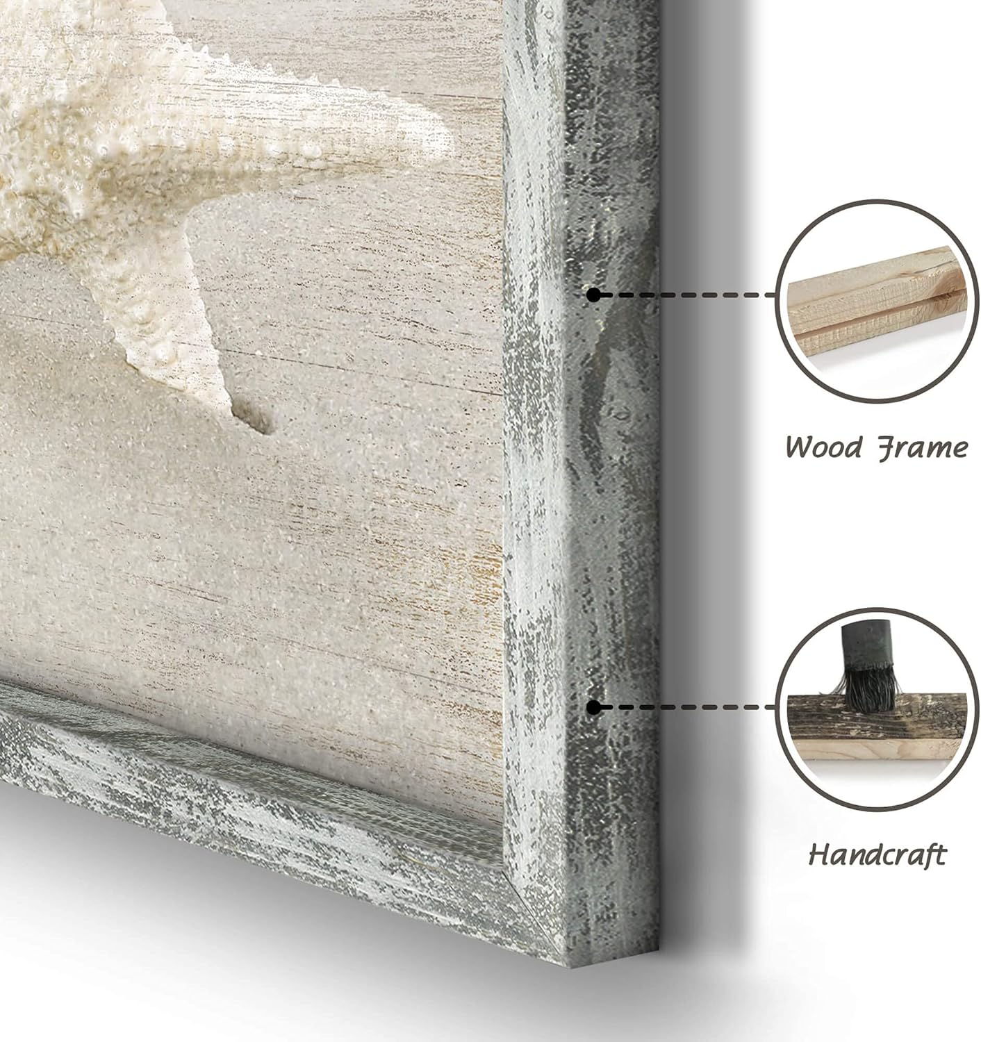 Ocean Framed Wood Wall Art: Beach Picture Seascape Artwork Coastal Prints Starfish Boardwalk Art Collection Wall Decor Set of 4 for Bathroom