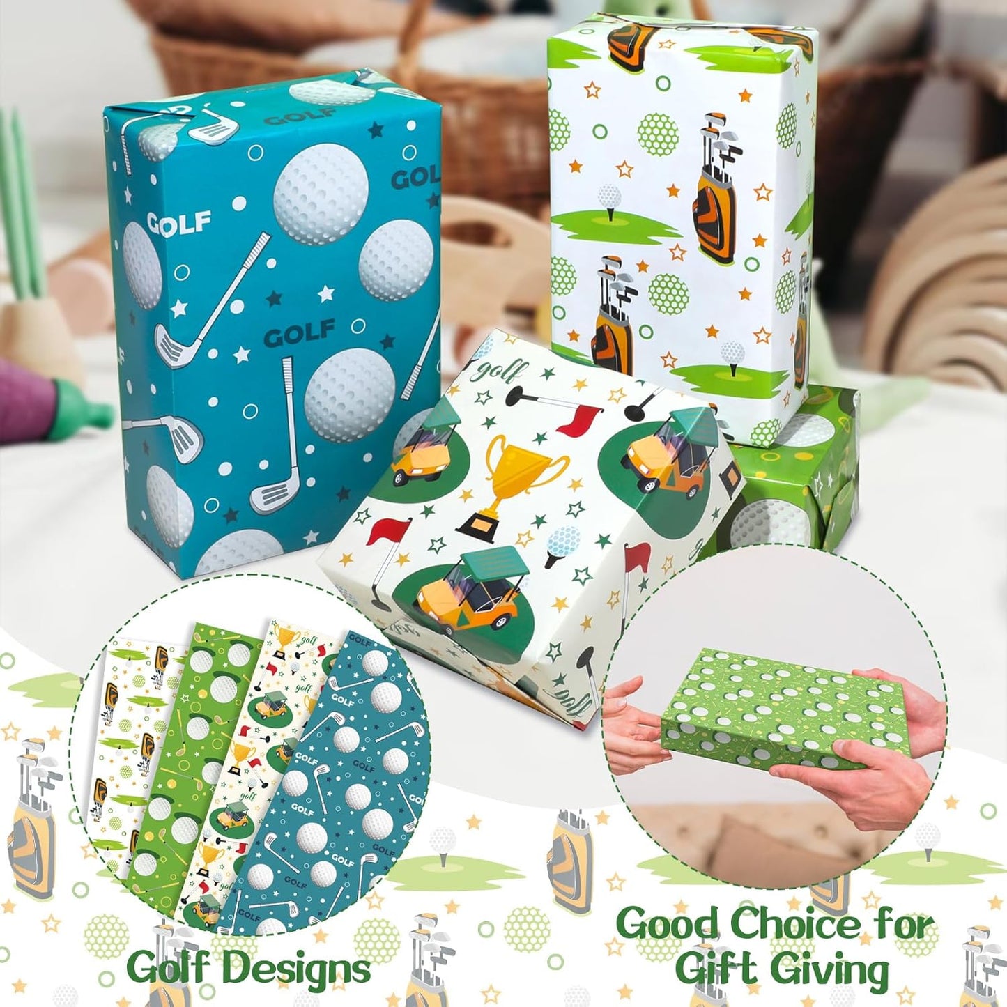 Golf Cart Bag Design Wrapping Paper - 12 Sheets Blue Green Golfing Gift Wrap Sports Themed Gifts for Birthday, Holiday - 20" x 28