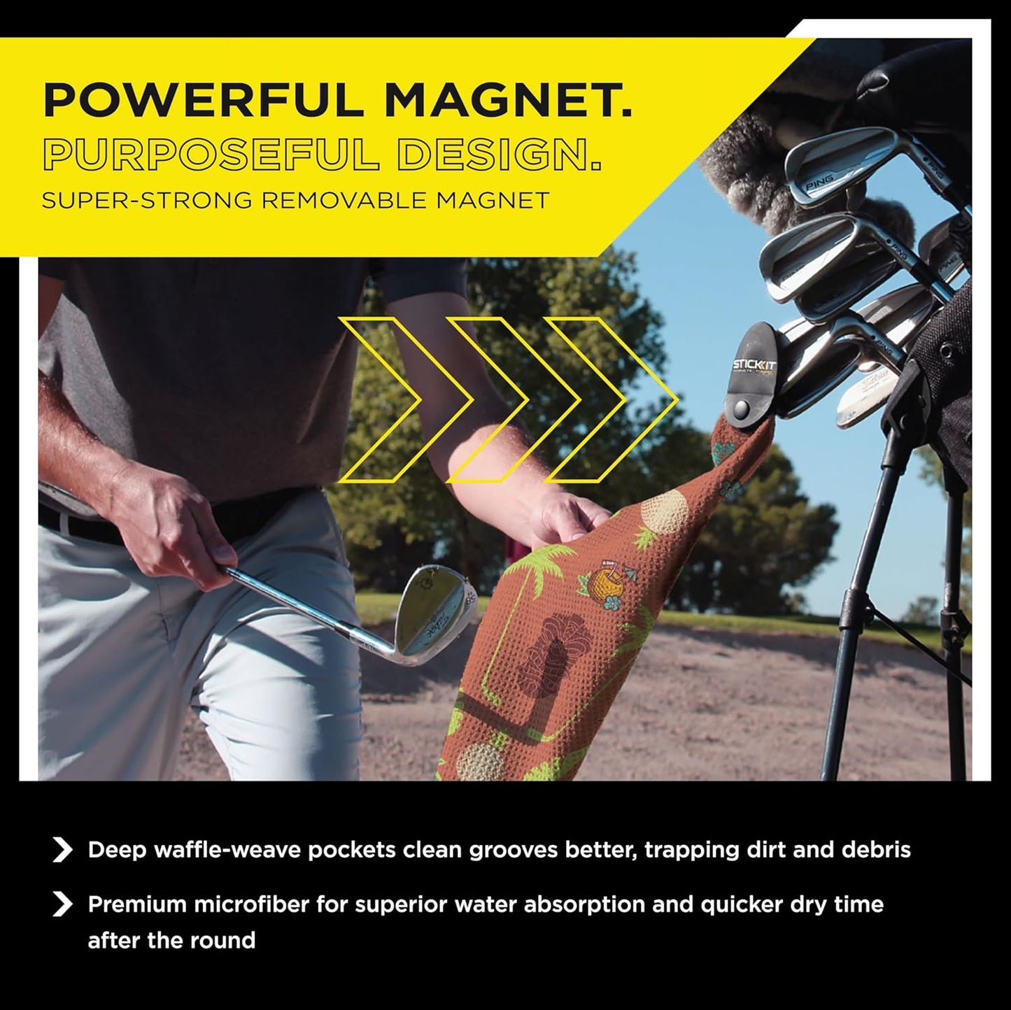 STICKIT Magnetic Salmon Pink Tiki Golf Towel | Top-Tier Microfiber Golf Towel with Deep Waffle Pockets | Industrial Strength Magnet for Strong Hold to Golf Carts or Clubs