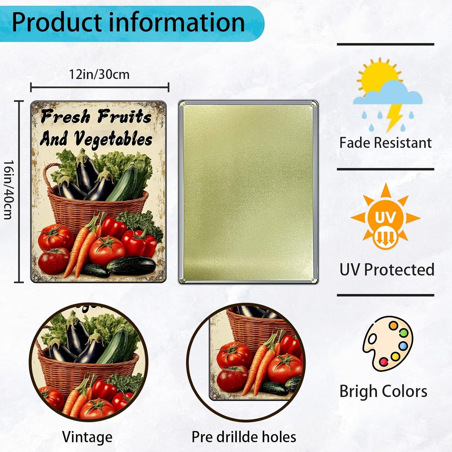 Fresh Fruits and Vegetables Tin Sign Funny Vegetables Farm Plaque Retro Home Kitchen Wall Decor 12x16 Inch