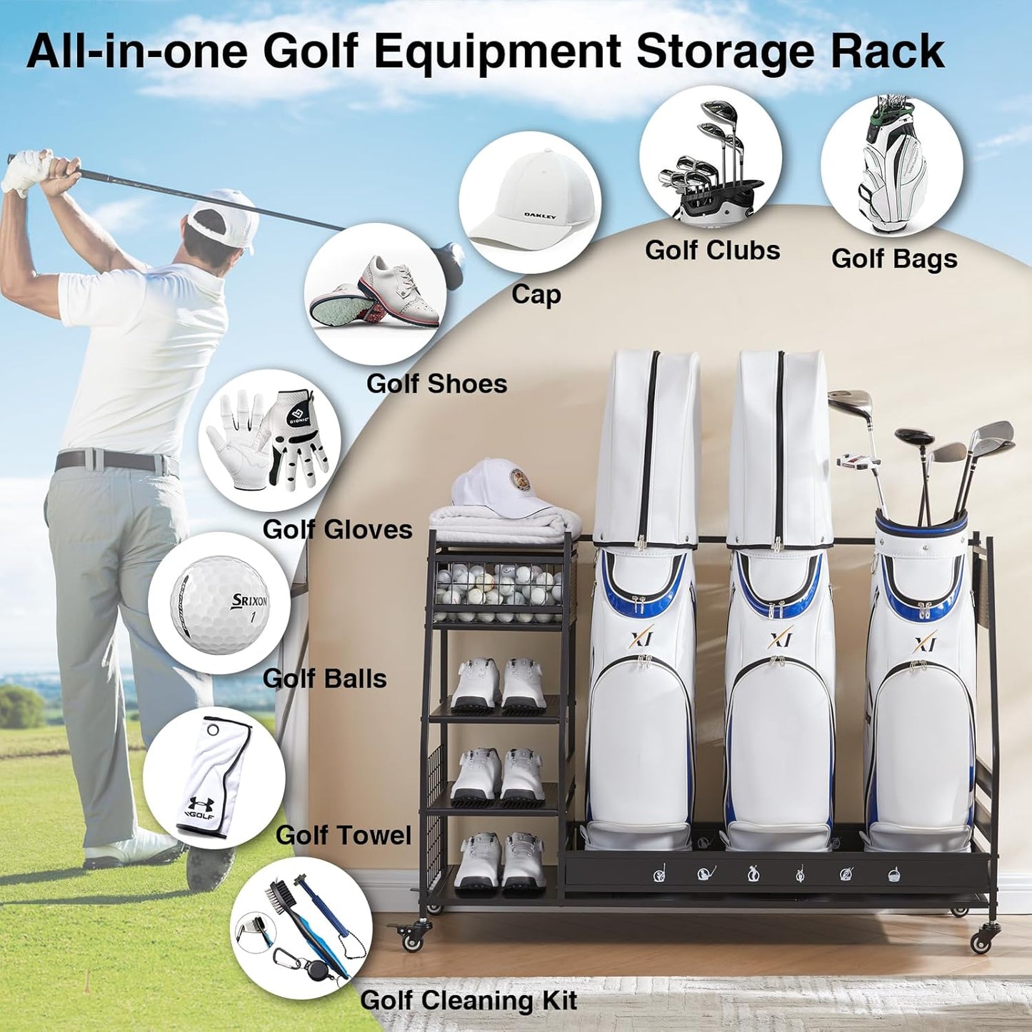Lauren&Harold Golf Bag Organizer Garage Storage, Golf Storage Rack Stand Fits 2 Golf Bags, Golf Clubs and Other Golfing Equipment Accessories, Golf Organizer for Garage, Club, Shed, Basement
