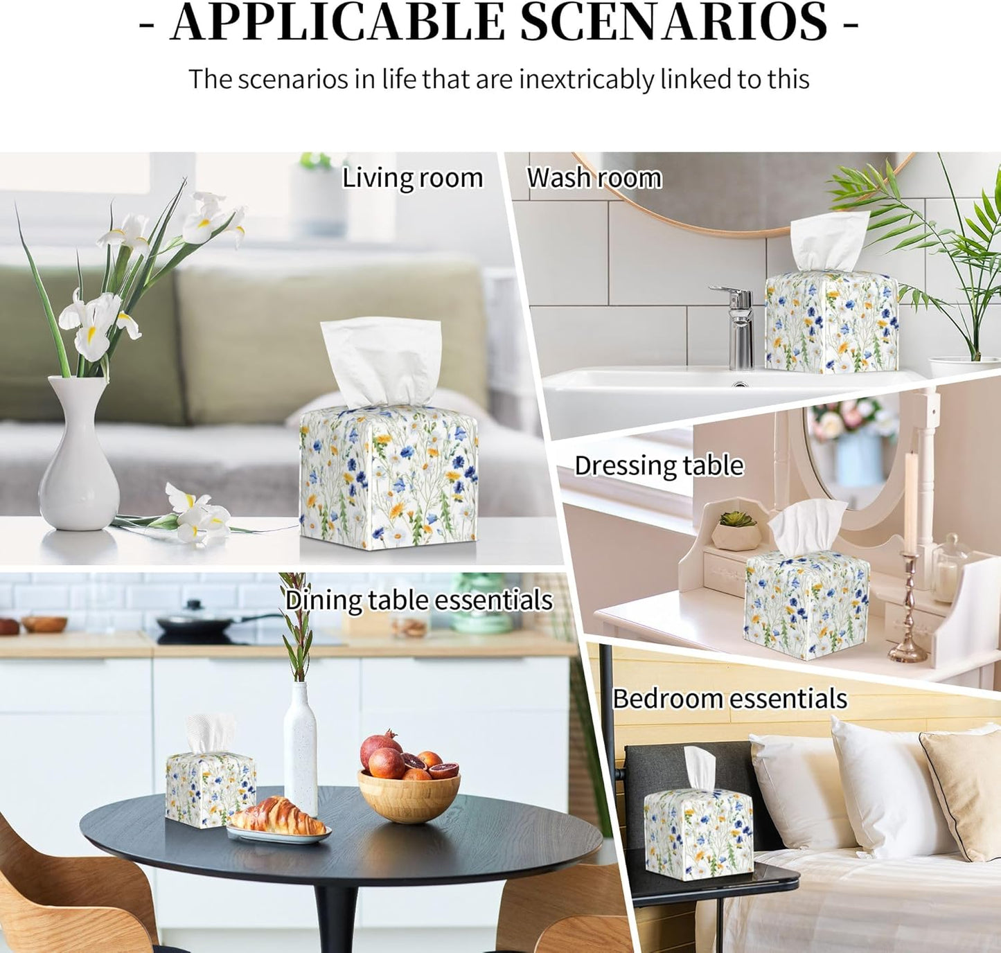 Tissue Box Cover Square, Watercolor Dandelion Cornflower Flower Leather Tissue Box Holder Decorative Organizer for Bathroom, Home Office Car Decor