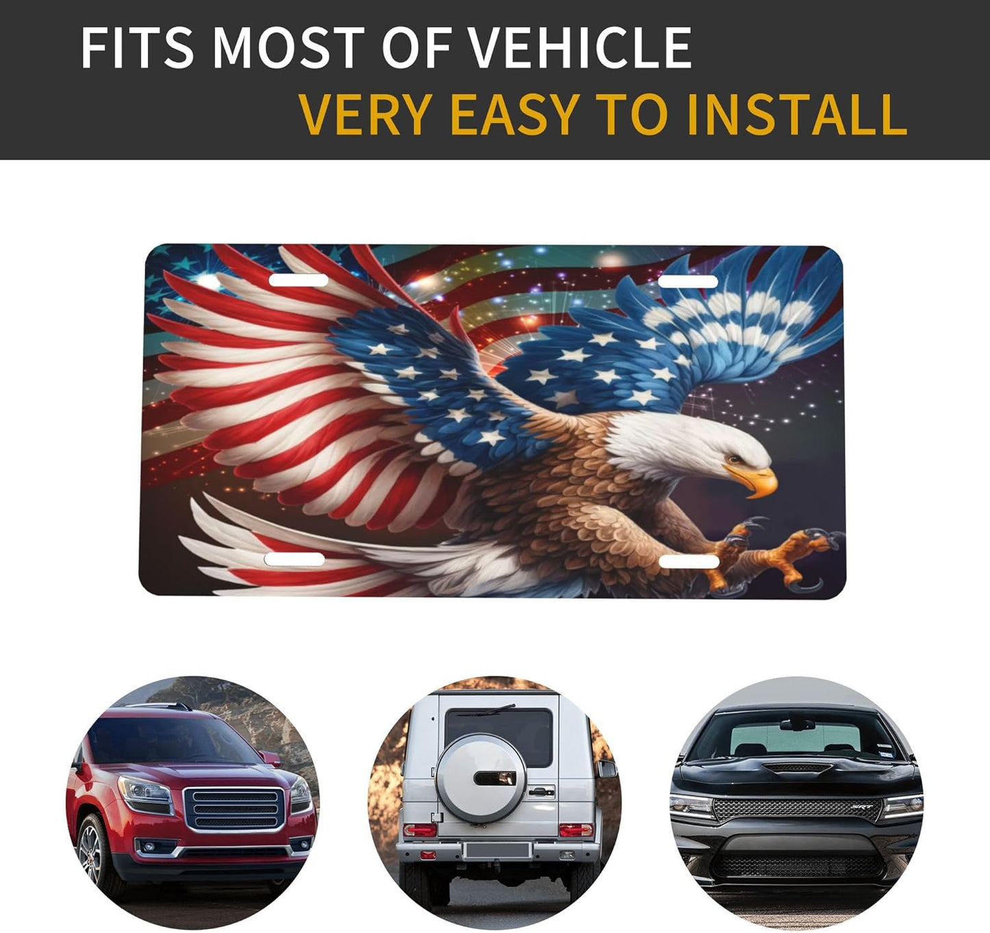 Front License Plate for Car Designs Animal Eagle America USA Stainless License Plate Cover Holder for Men Women Metal Aluminum Decorative Accessory Vanity Tag Standard 6 X 12 inch (4 Holes)