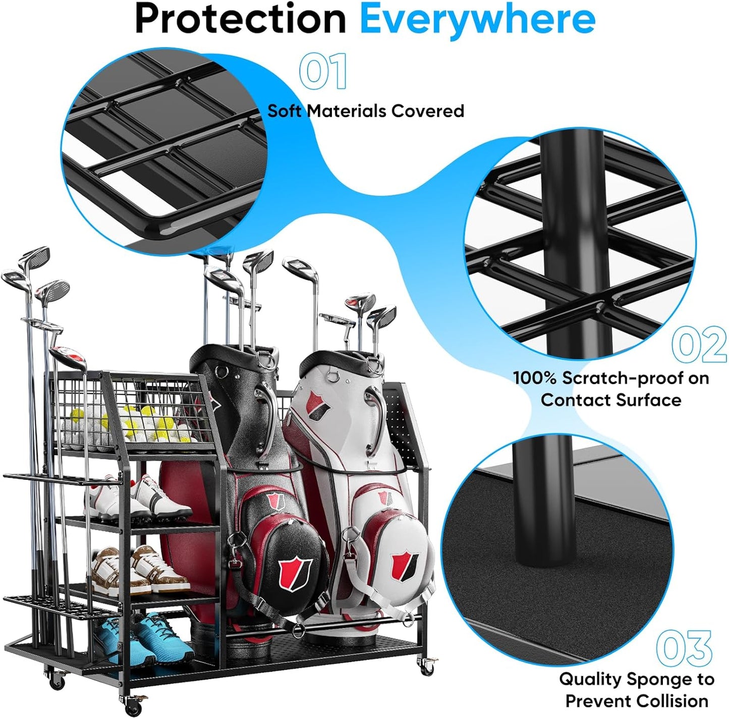 43.3“W Golf Bag Organizer with Wheels, Holds 2 Bags & 27 Clubs, Heavy Duty Thick Frame Garage Storage Rack Cart, High Load Capacity Golf Accessories Stand Holder, Ideal for Garage, Club, Shed
